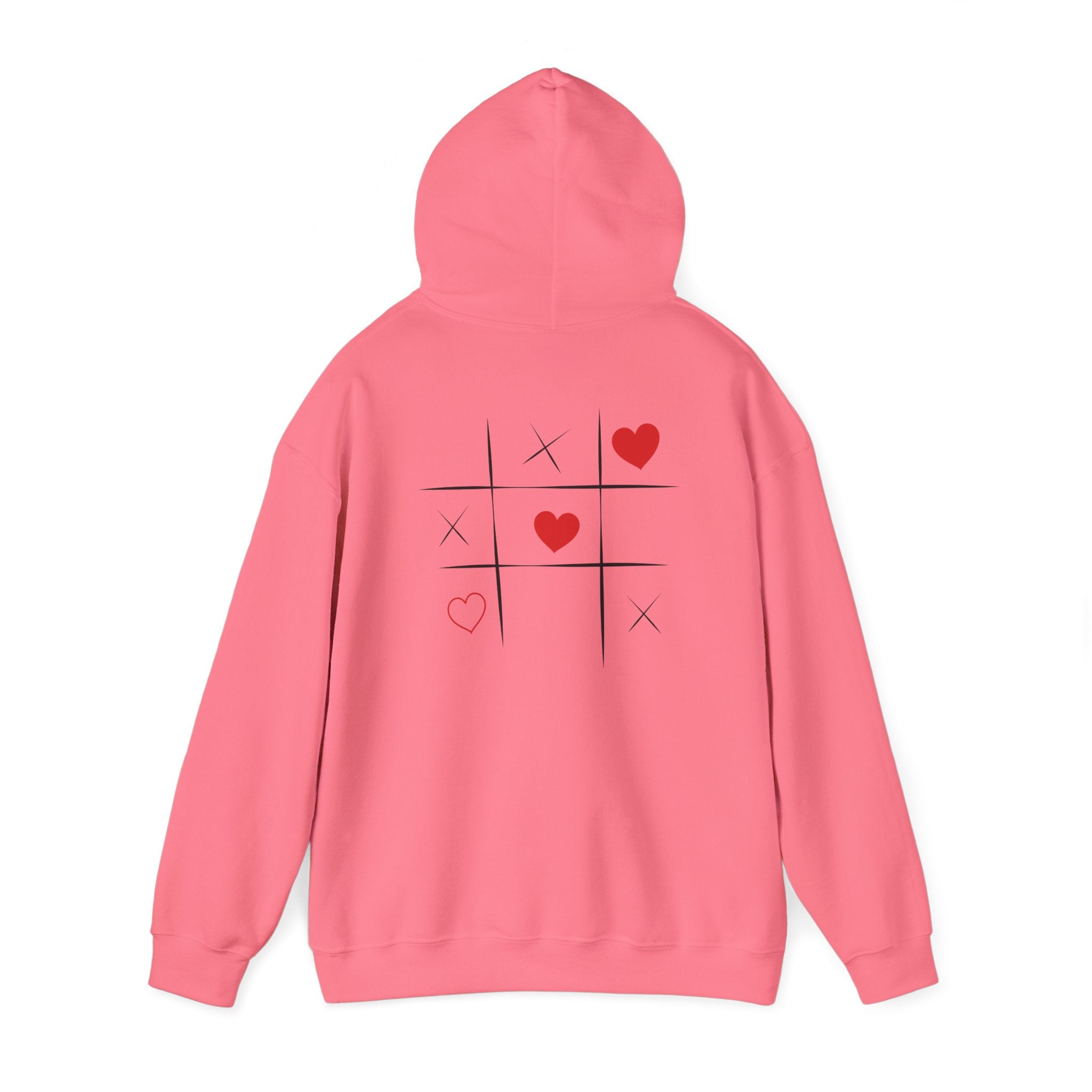 Pink hoodie with a tic-tac-toe design featuring hearts on a white background