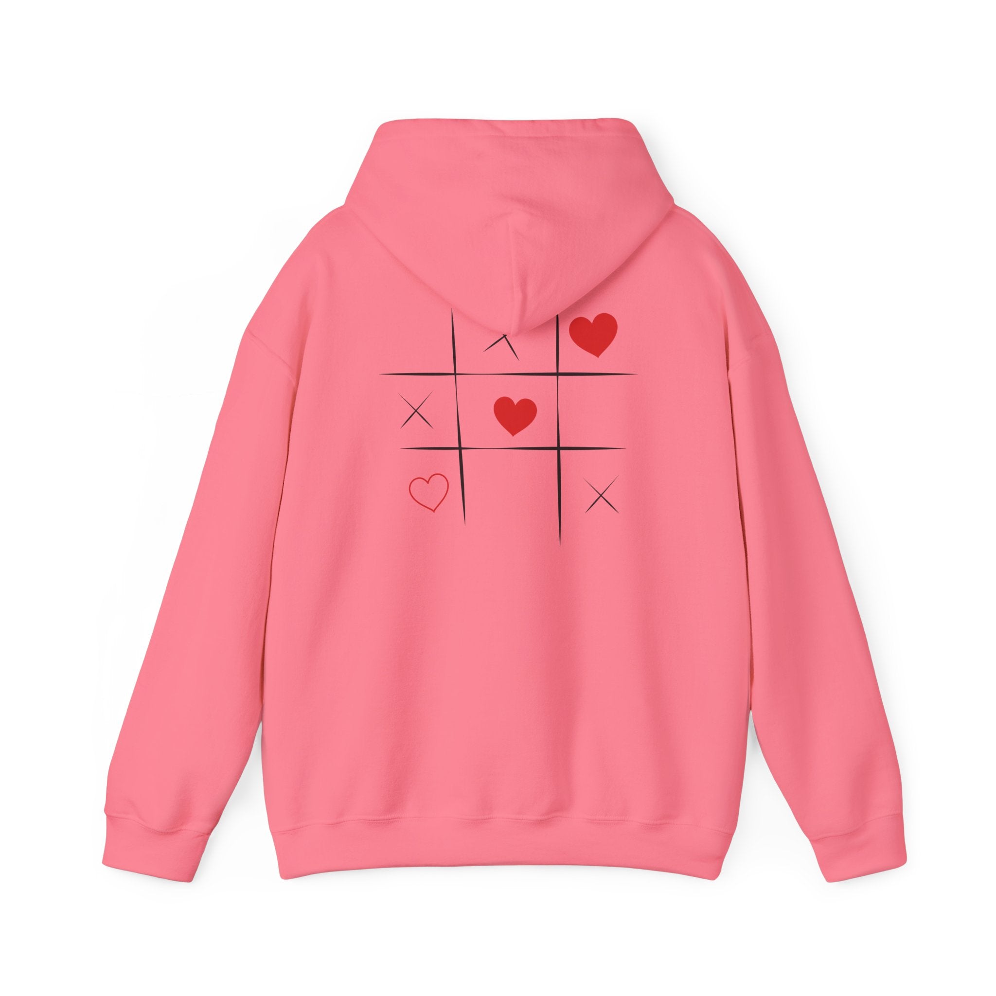 Pink hoodie with a tic-tac-toe design on the back against a white background