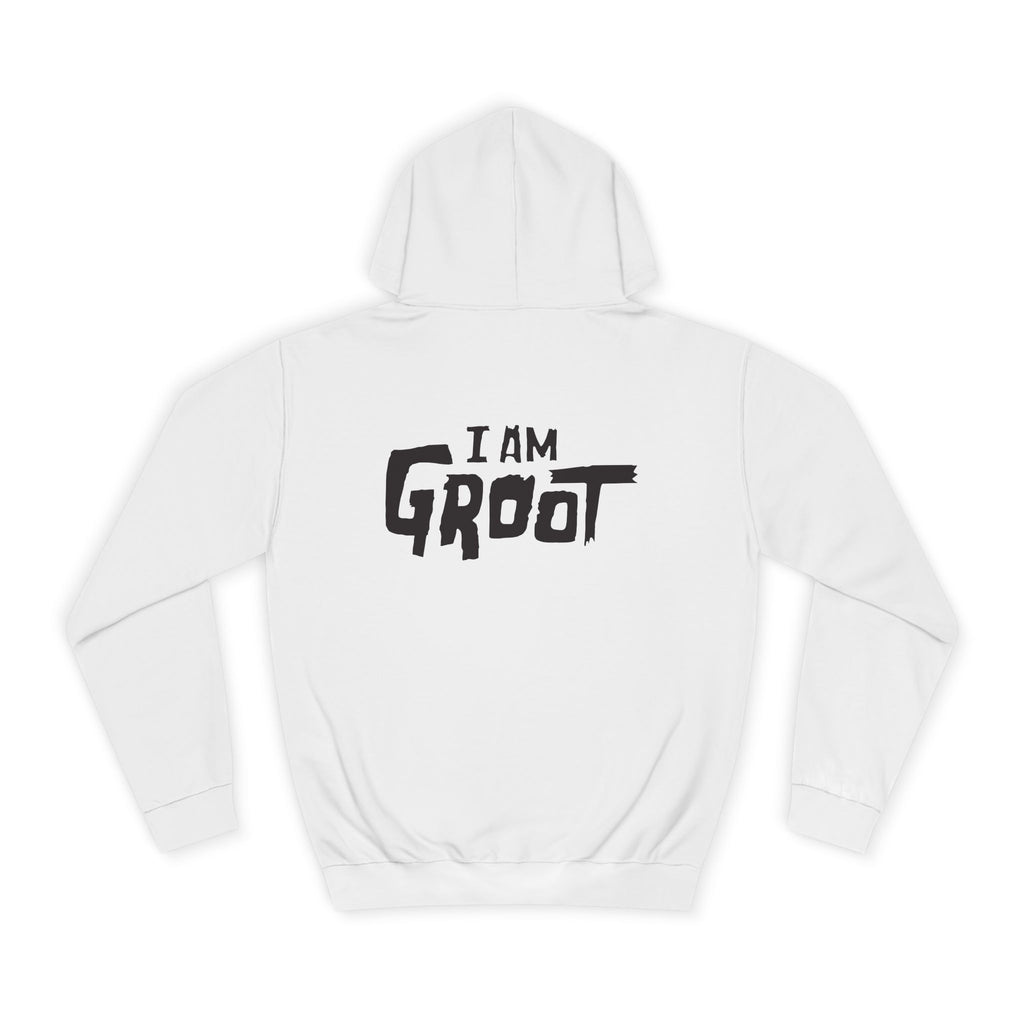 White hoodie with 'I AM GROOT' text on the back against a white background