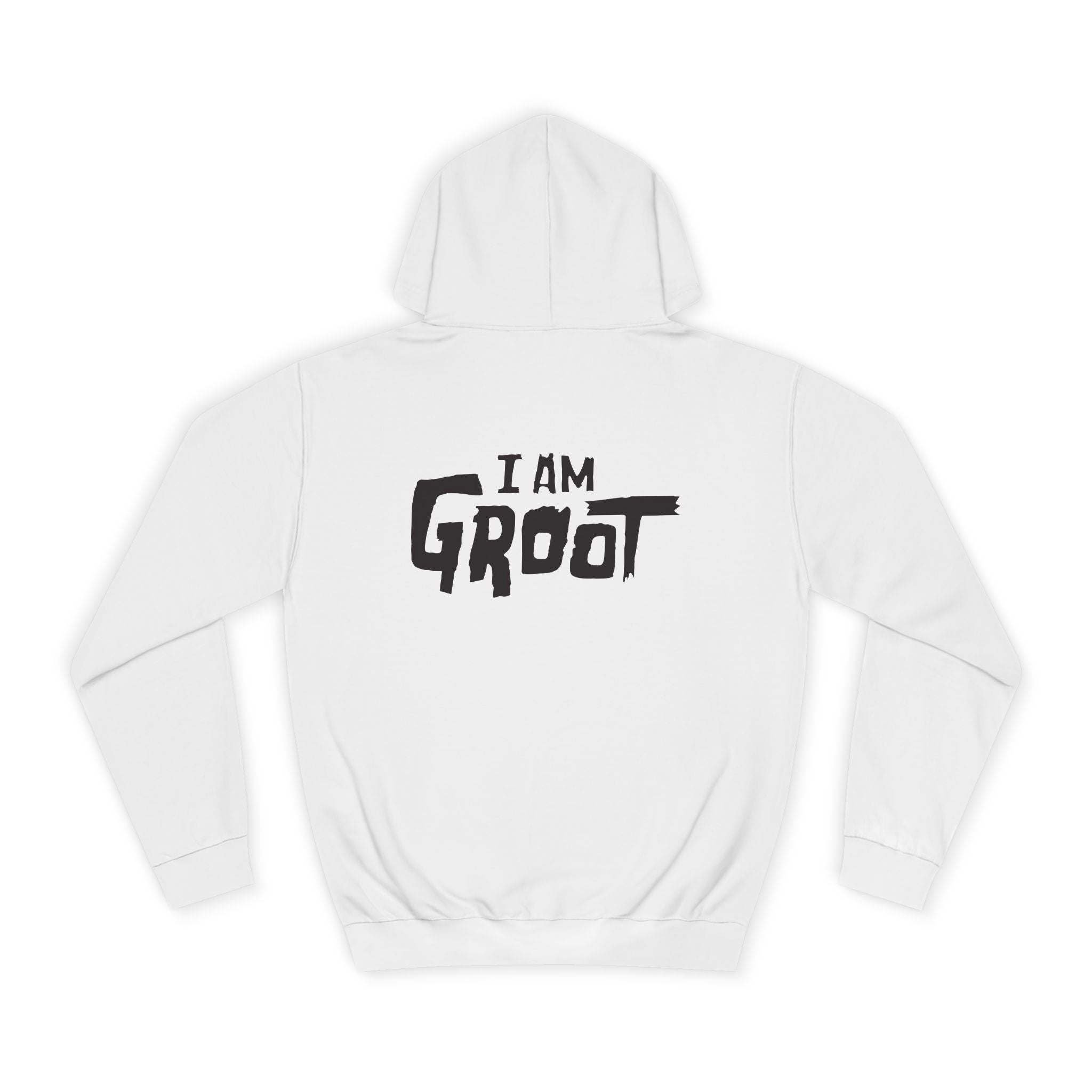 White hoodie with 'I AM GROOT' text on the back against a white background
