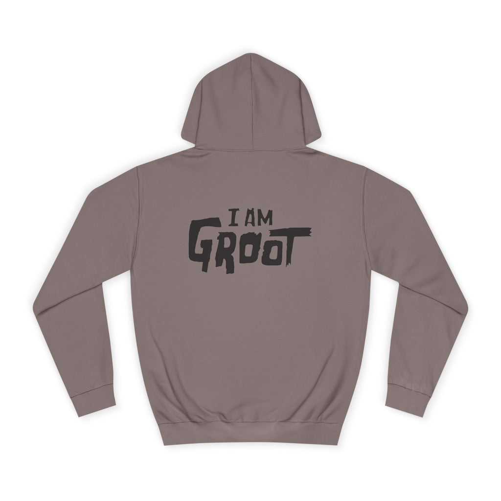 Brown hoodie with 'I AM GROOT' text on the back against a white background