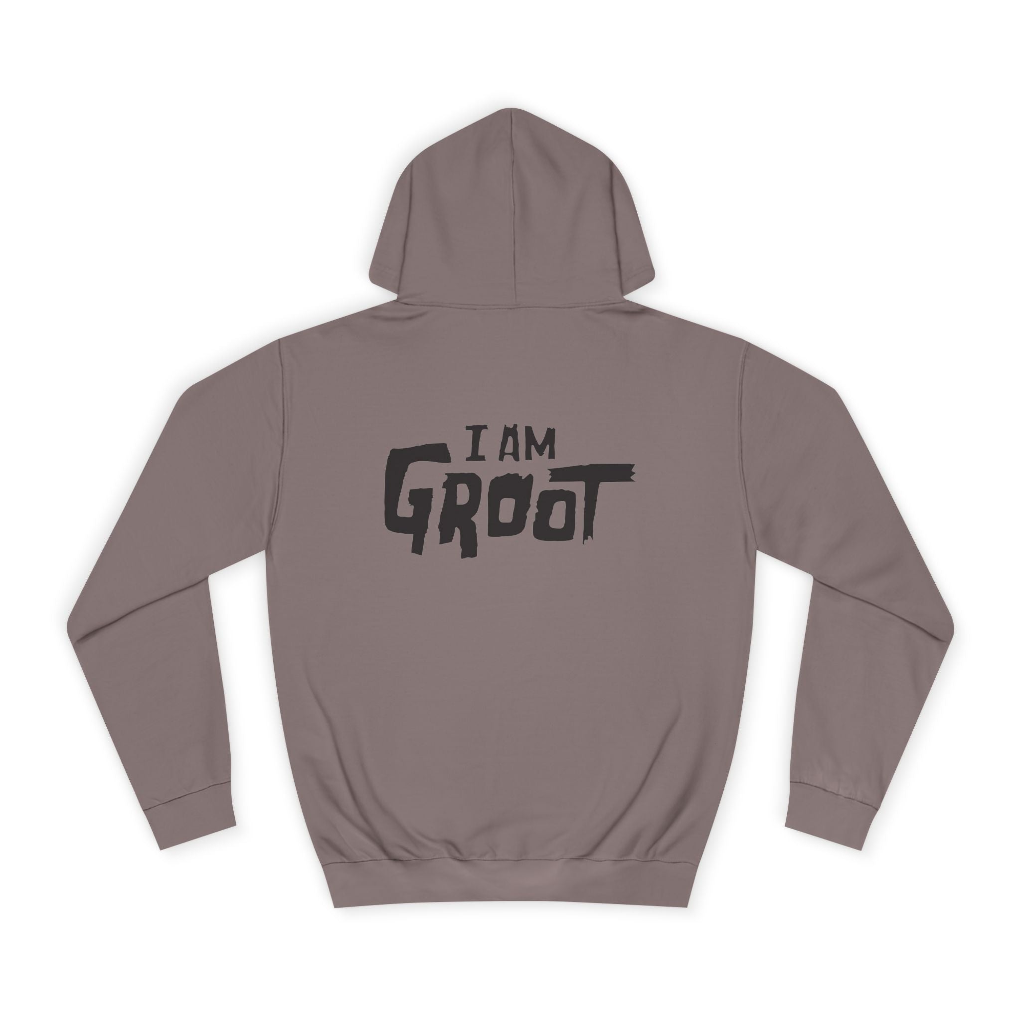 Brown hoodie with 'I AM GROOT' text on the back against a white background