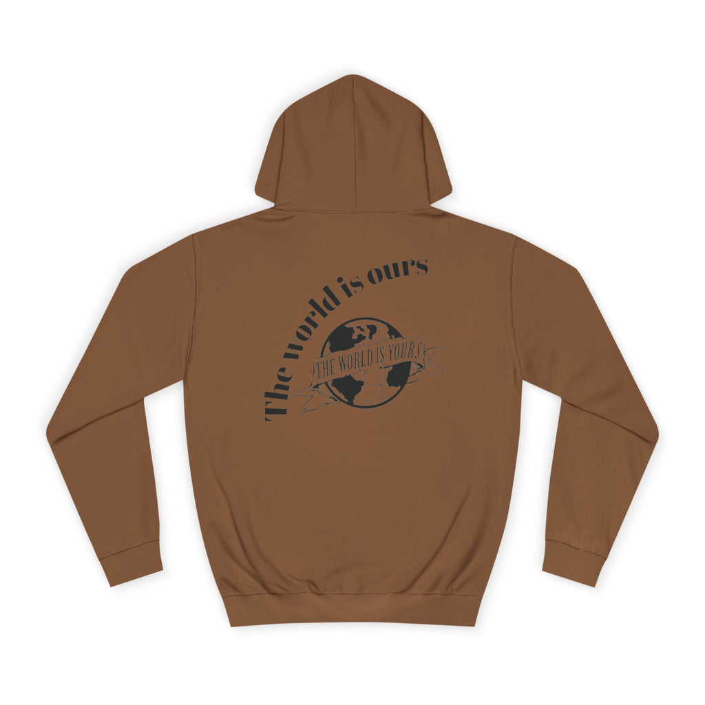 Brown hoodie with 'The world is ours' text on the back against a white background