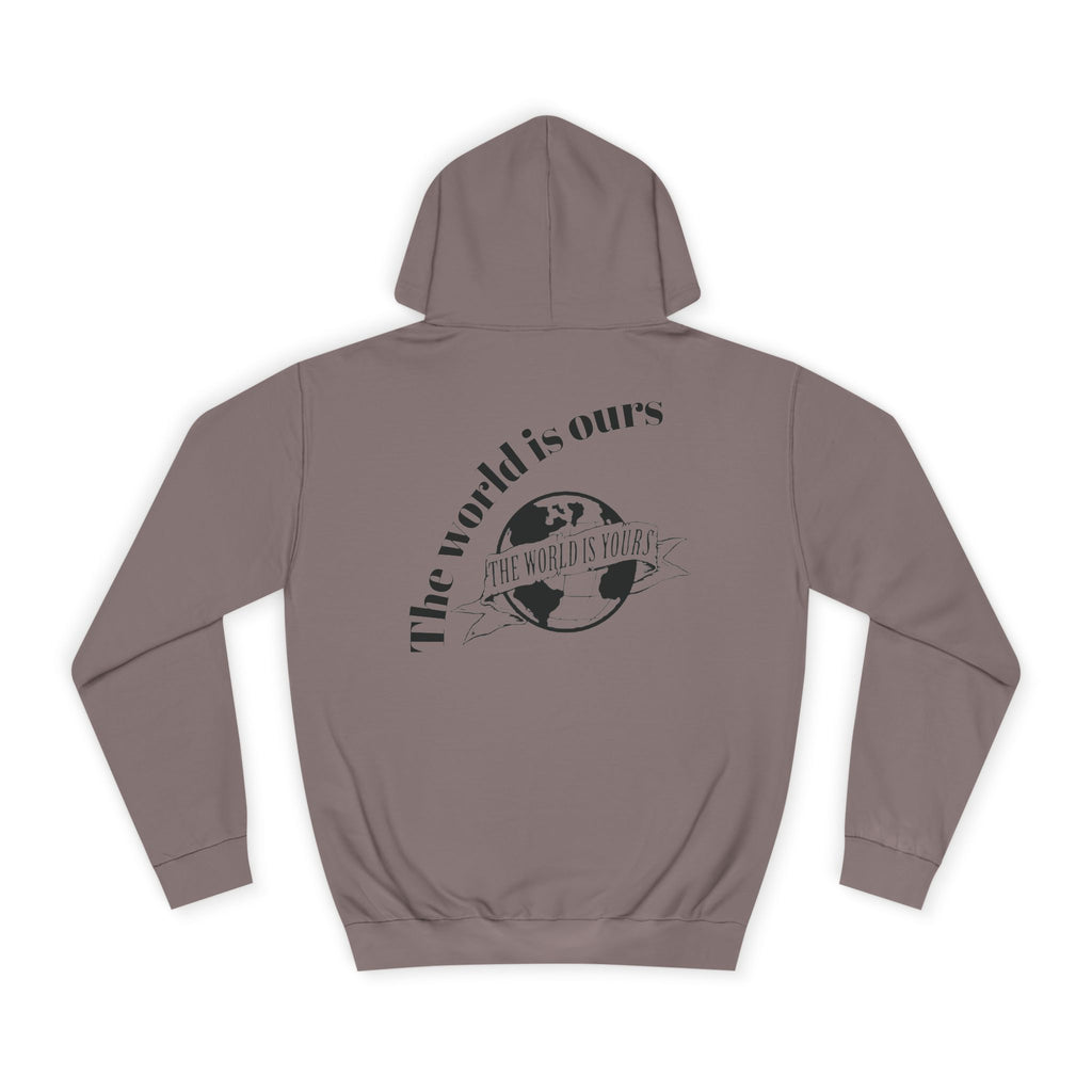 Brown hoodie with 'The World is Ours' text and graphic on the back against a white background