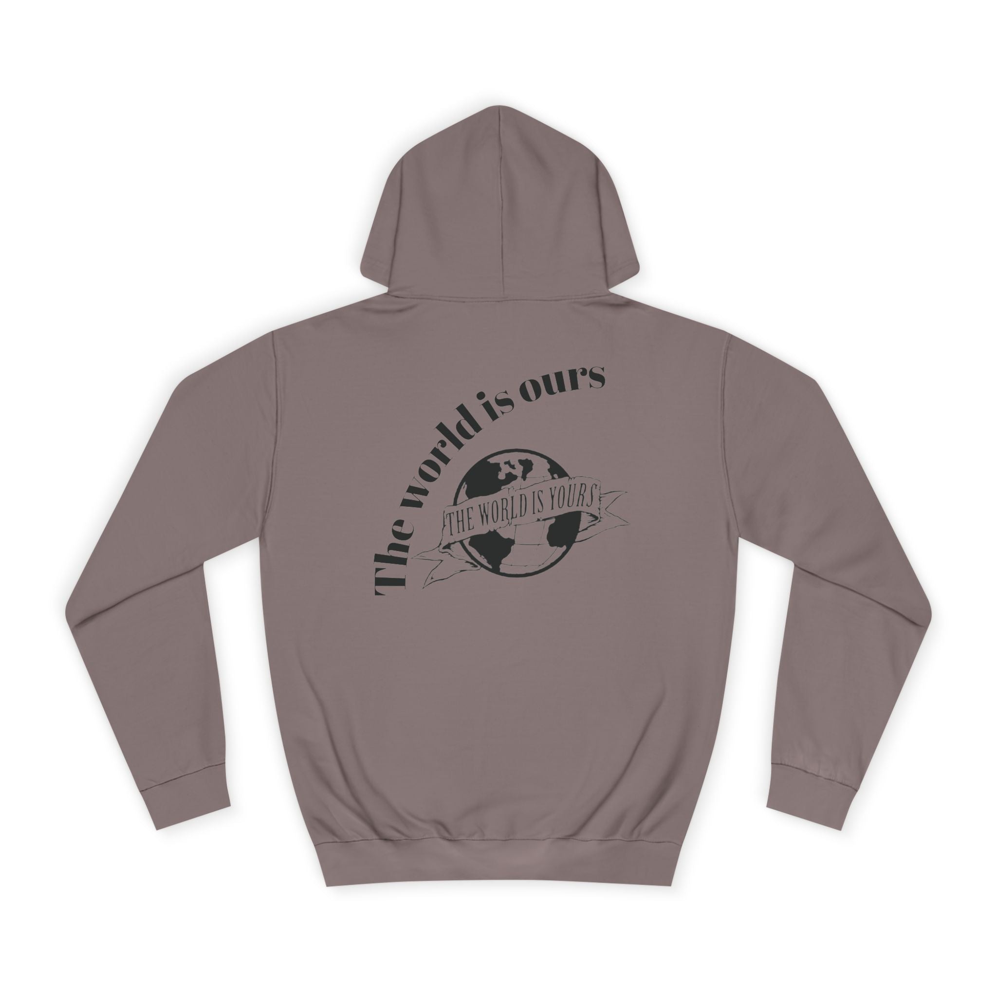 Brown hoodie with 'The World is Ours' text and graphic on the back against a white background