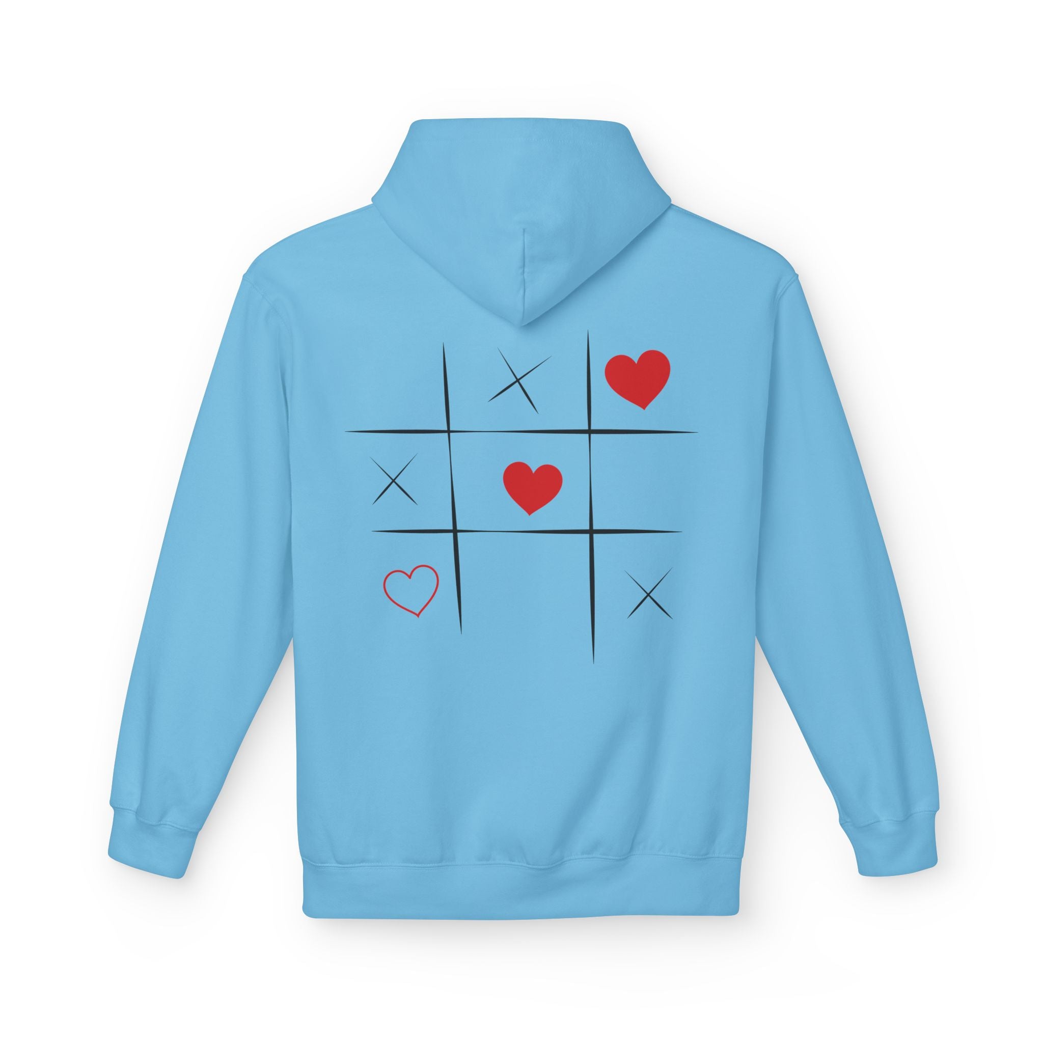 Light blue hoodie with a tic-tac-toe design featuring hearts and crosses on the back.
