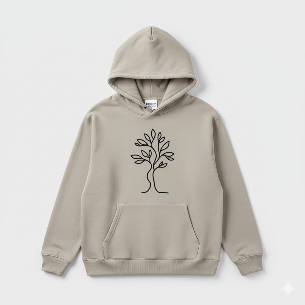 Beige hoodie with a black tree design on a white background