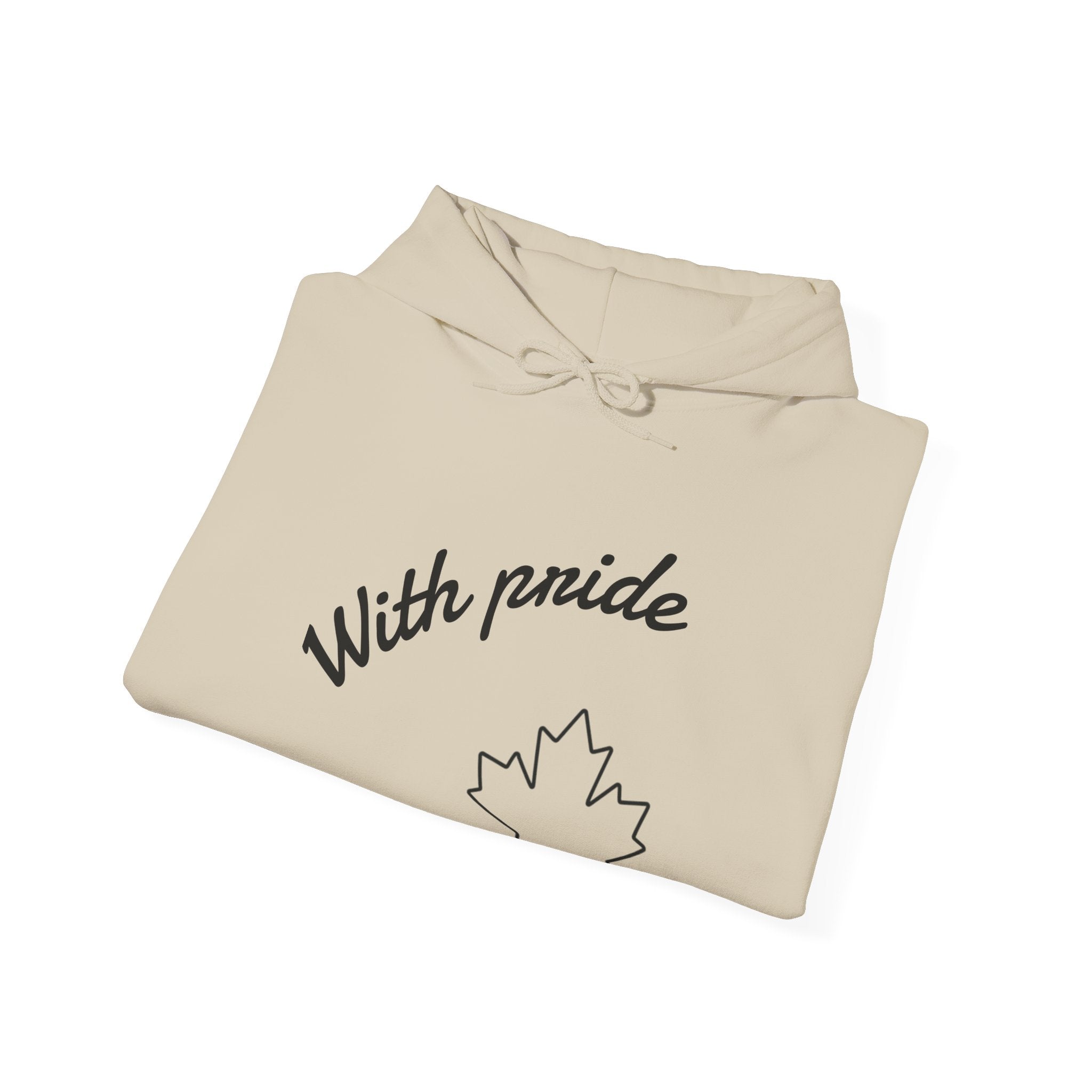 Beige hoodie with 'With pride' text and a maple leaf design on a white background