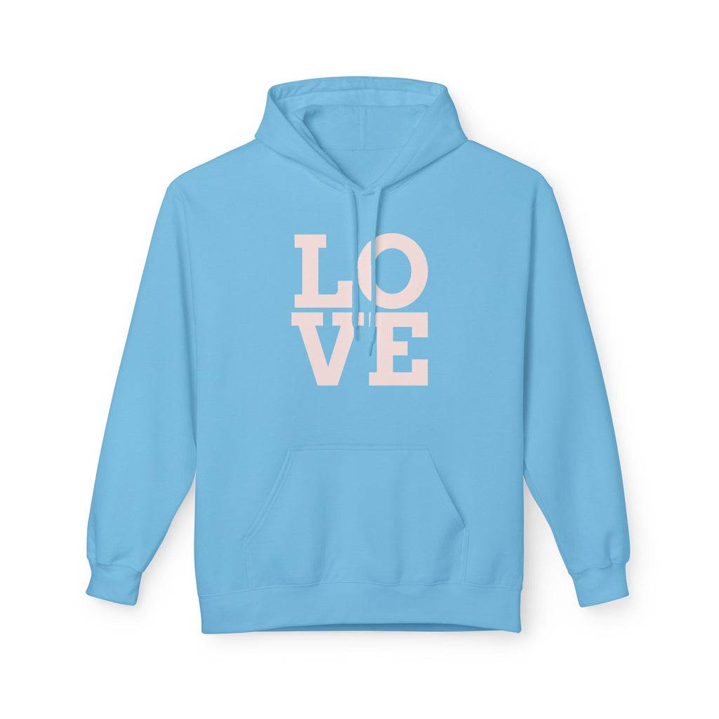 Light blue hoodie with 'LOVE' printed in pink on a white background