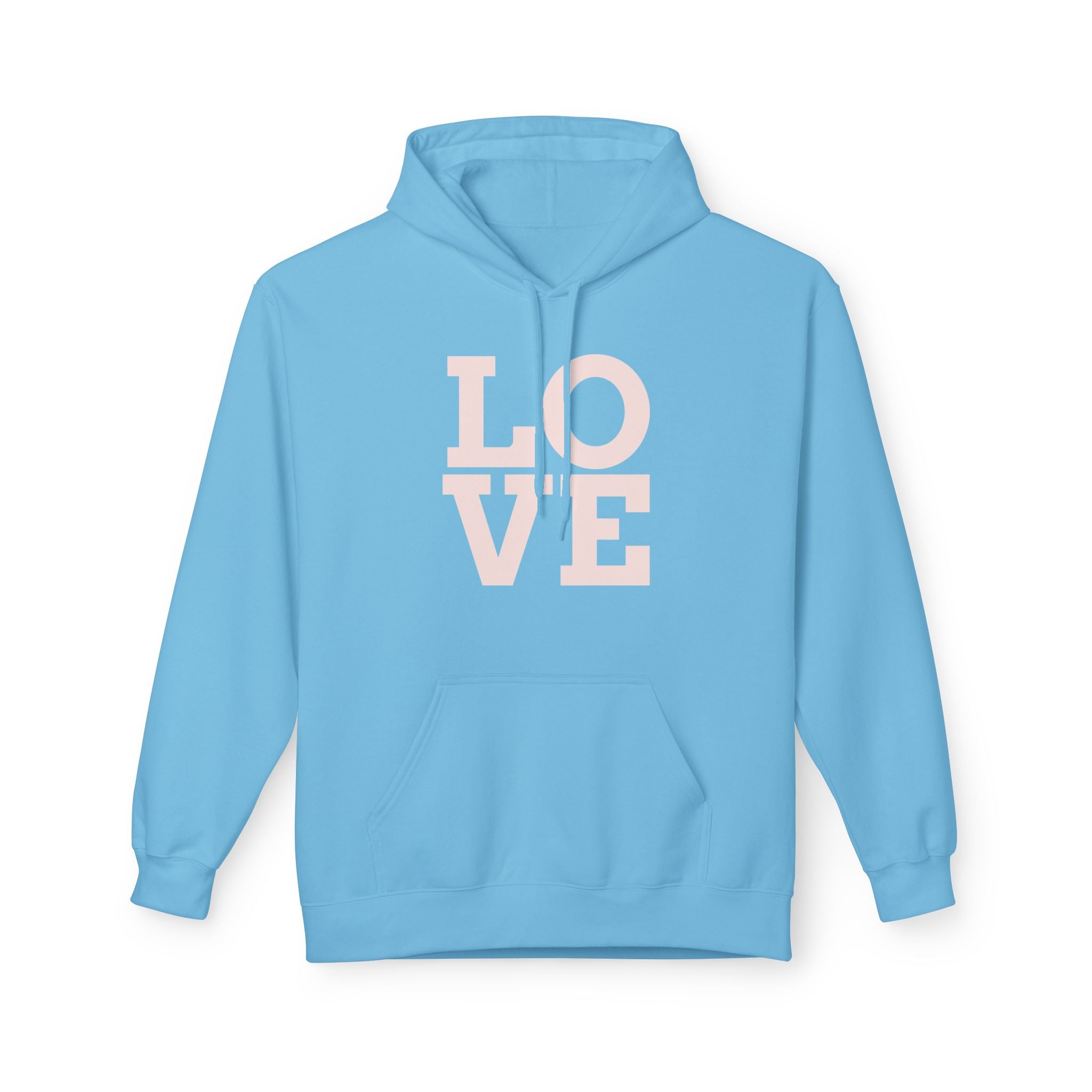 Light blue hoodie with 'LOVE' printed in pink on a white background