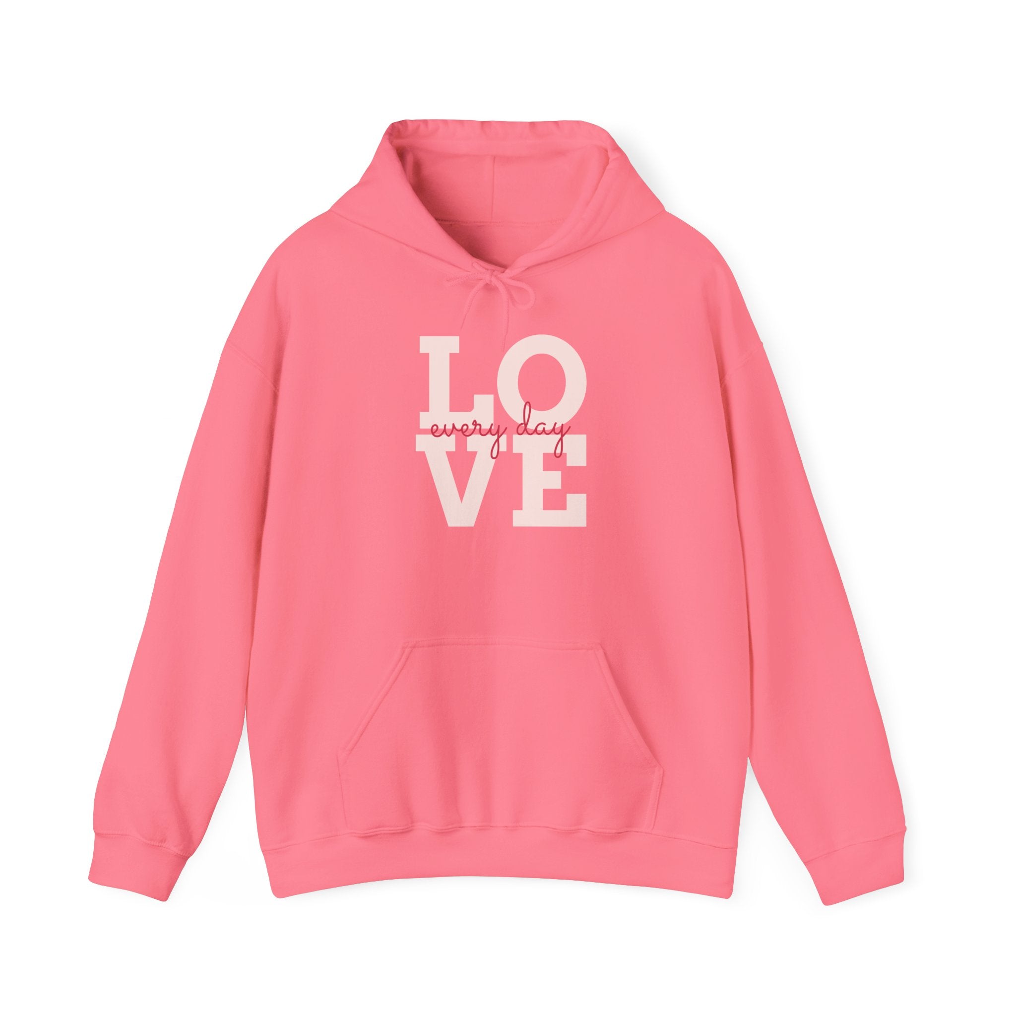 Pink hoodie with 'LOVE everyday' text on a white background