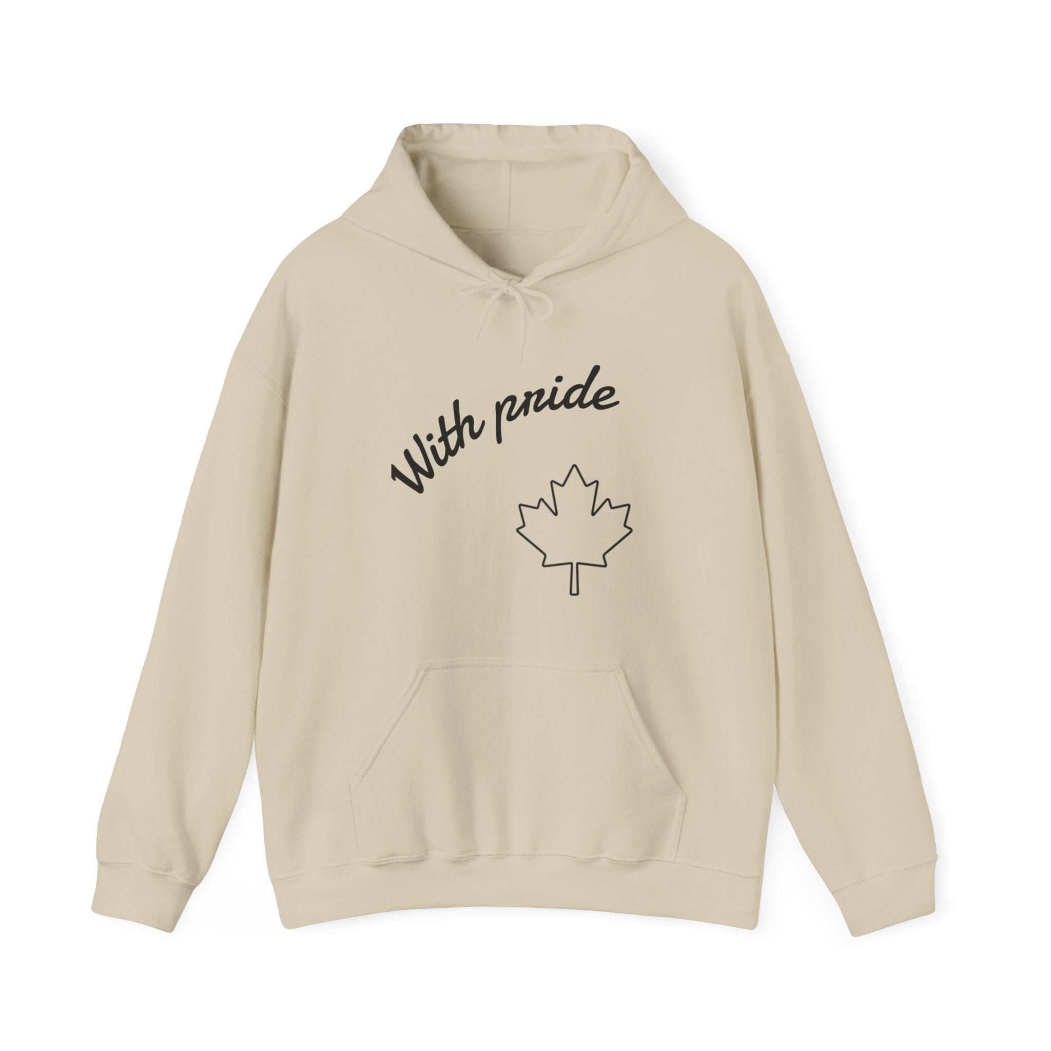 Beige hoodie with 'With pride' and a maple leaf design on a white background