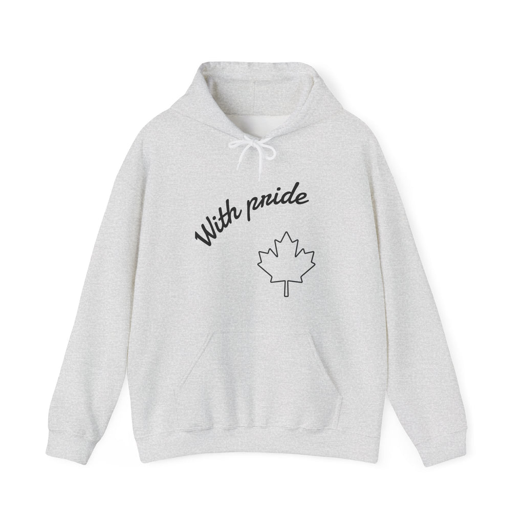 Gray hoodie with 'With pride' and a maple leaf design on a white background