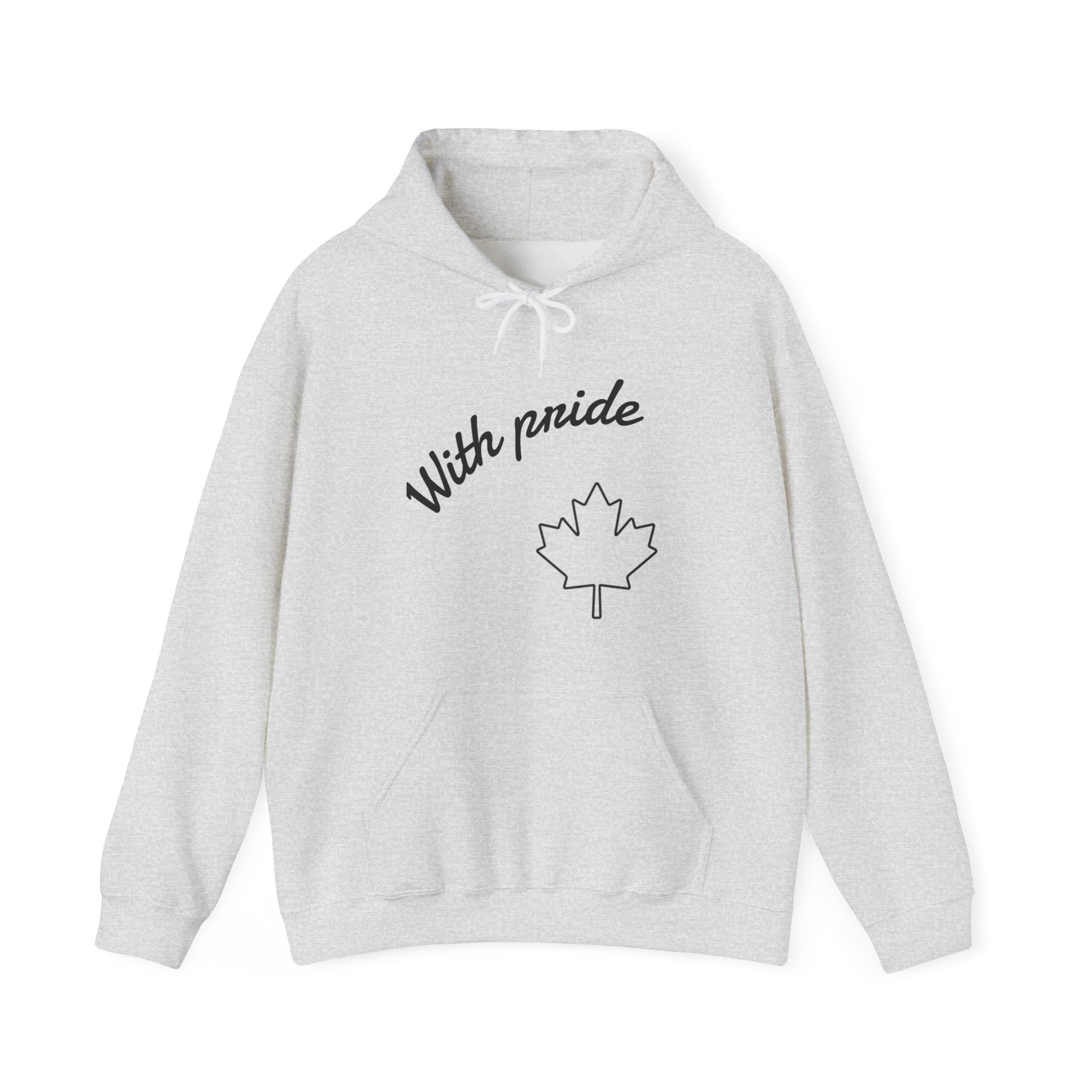 Gray hoodie with 'With pride' and a maple leaf design on a white background