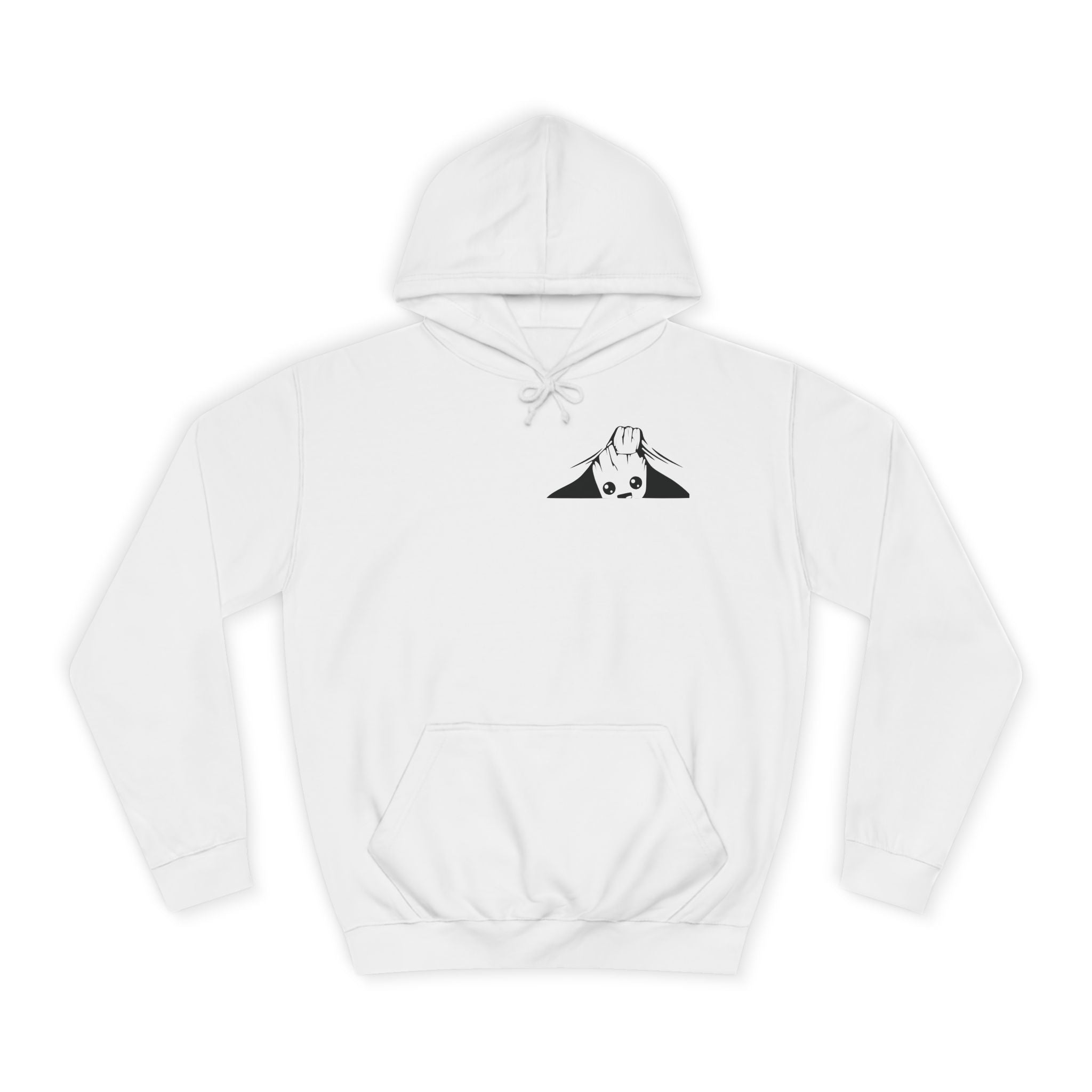 White hoodie with a black logo on a white background