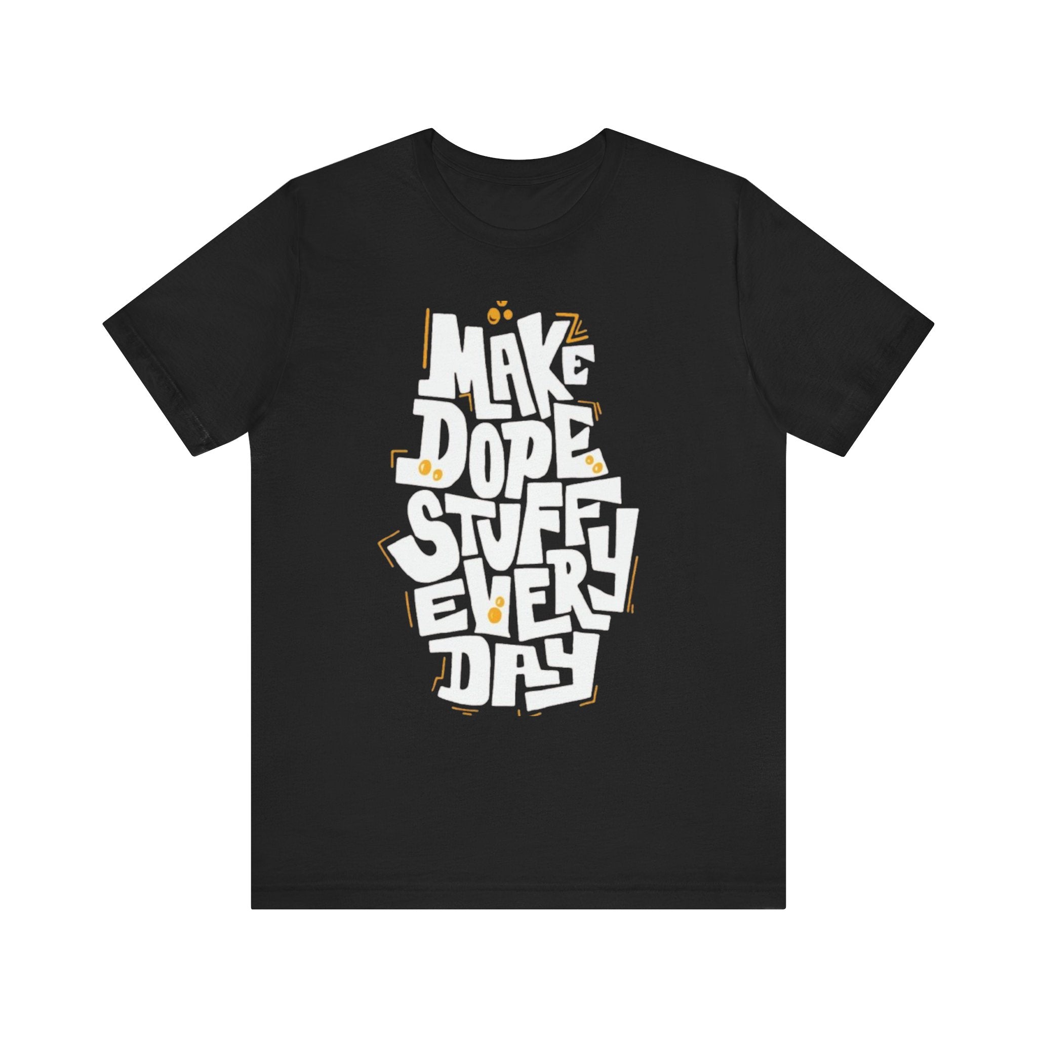 Black t-shirt with white and yellow text on a white background