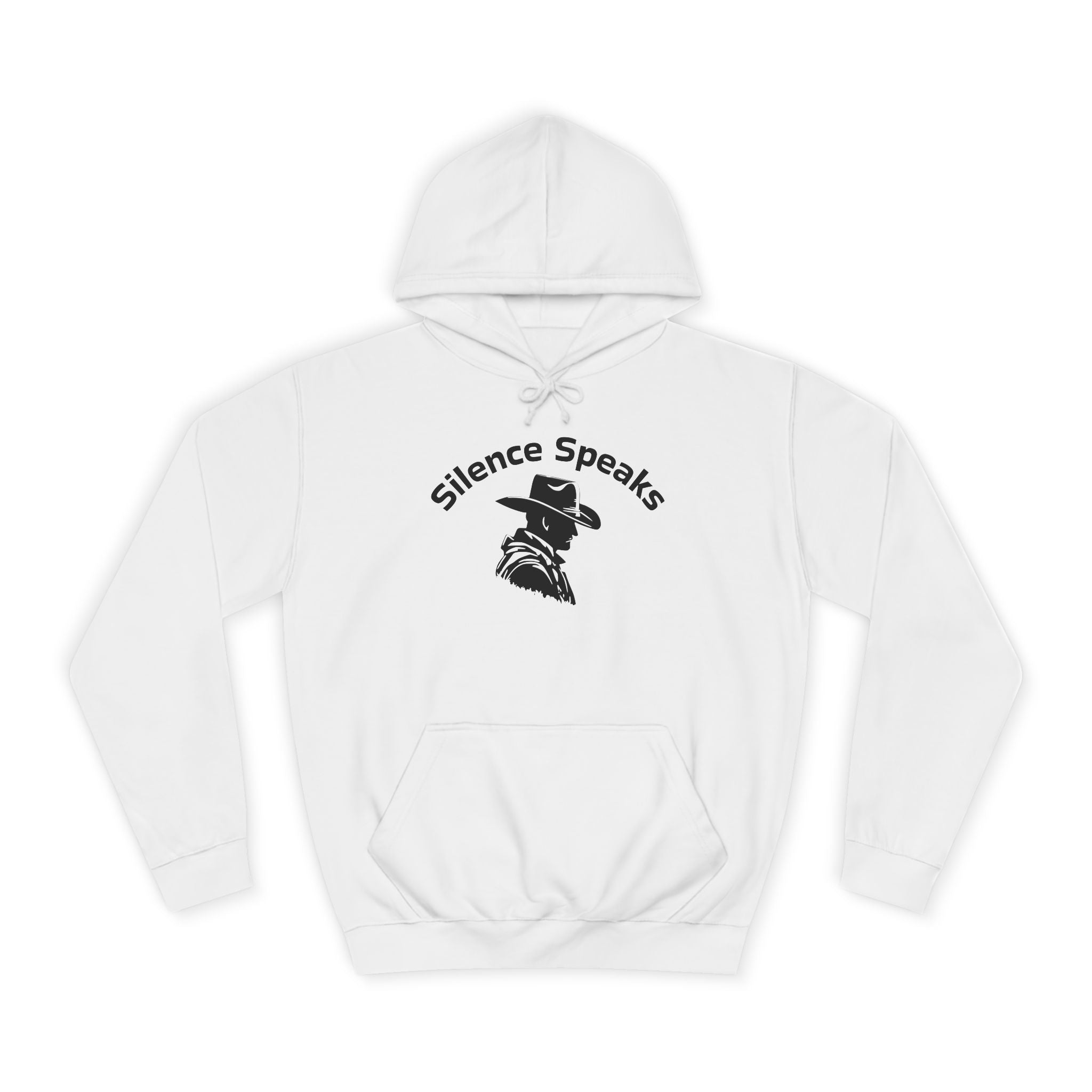 White hoodie with 'Silence Speaks' text and graphic on a white background