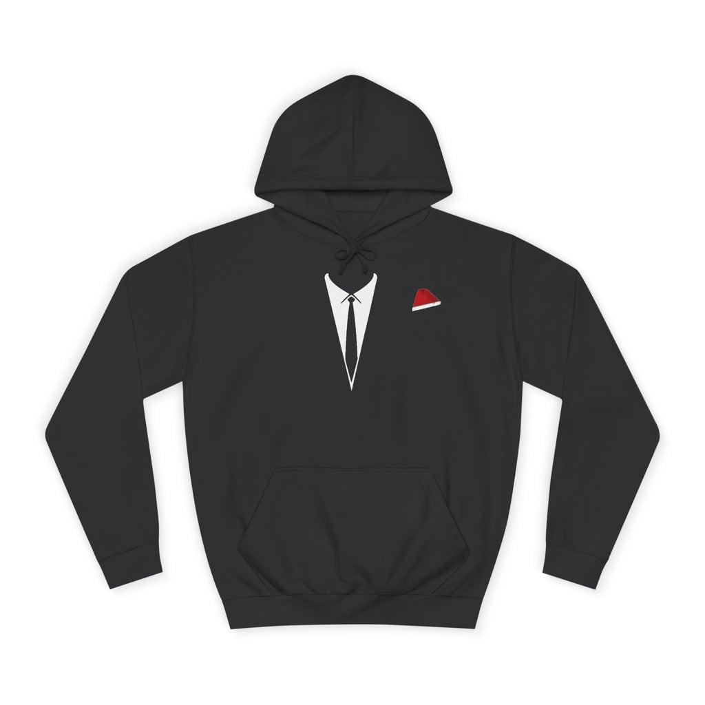 Black hoodie with a graphic of a suit and red pocket square on a white background