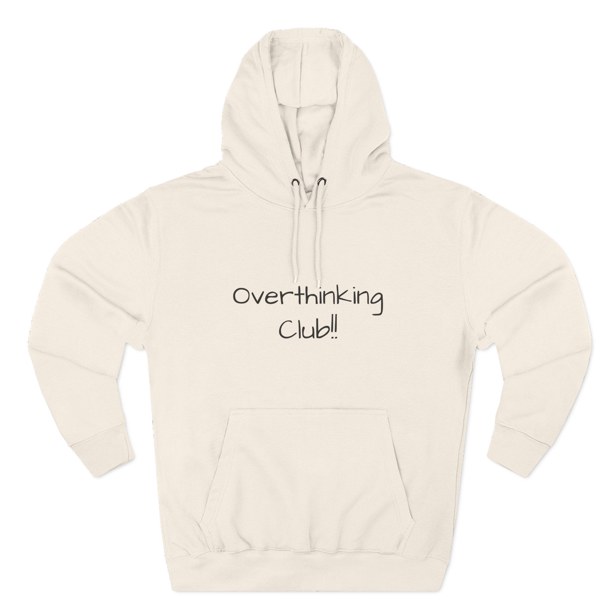 Beige hoodie with 'Overthinking Club!!' text on a white background