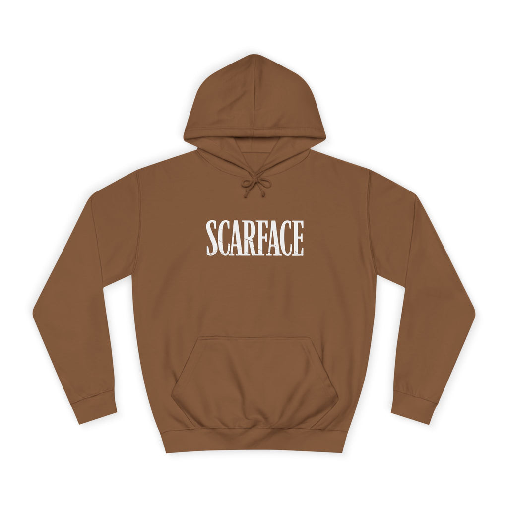 Brown hoodie with 'SCARFACE' text on a white background