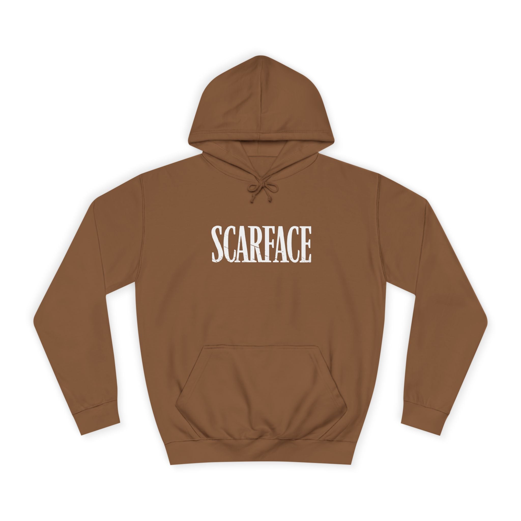 Brown hoodie with 'SCARFACE' text on a white background