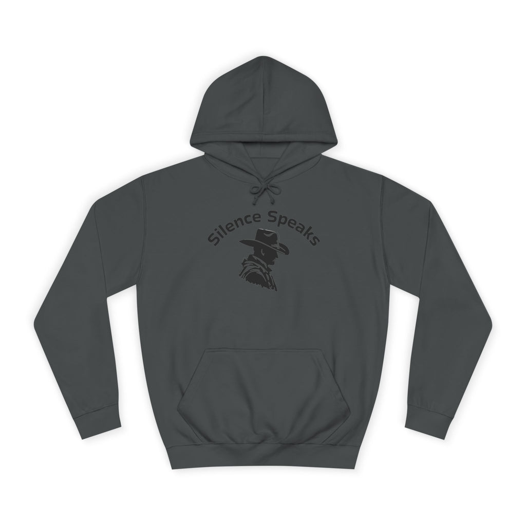 Dark gray hoodie with 'Silence Speaks' graphic on a white background