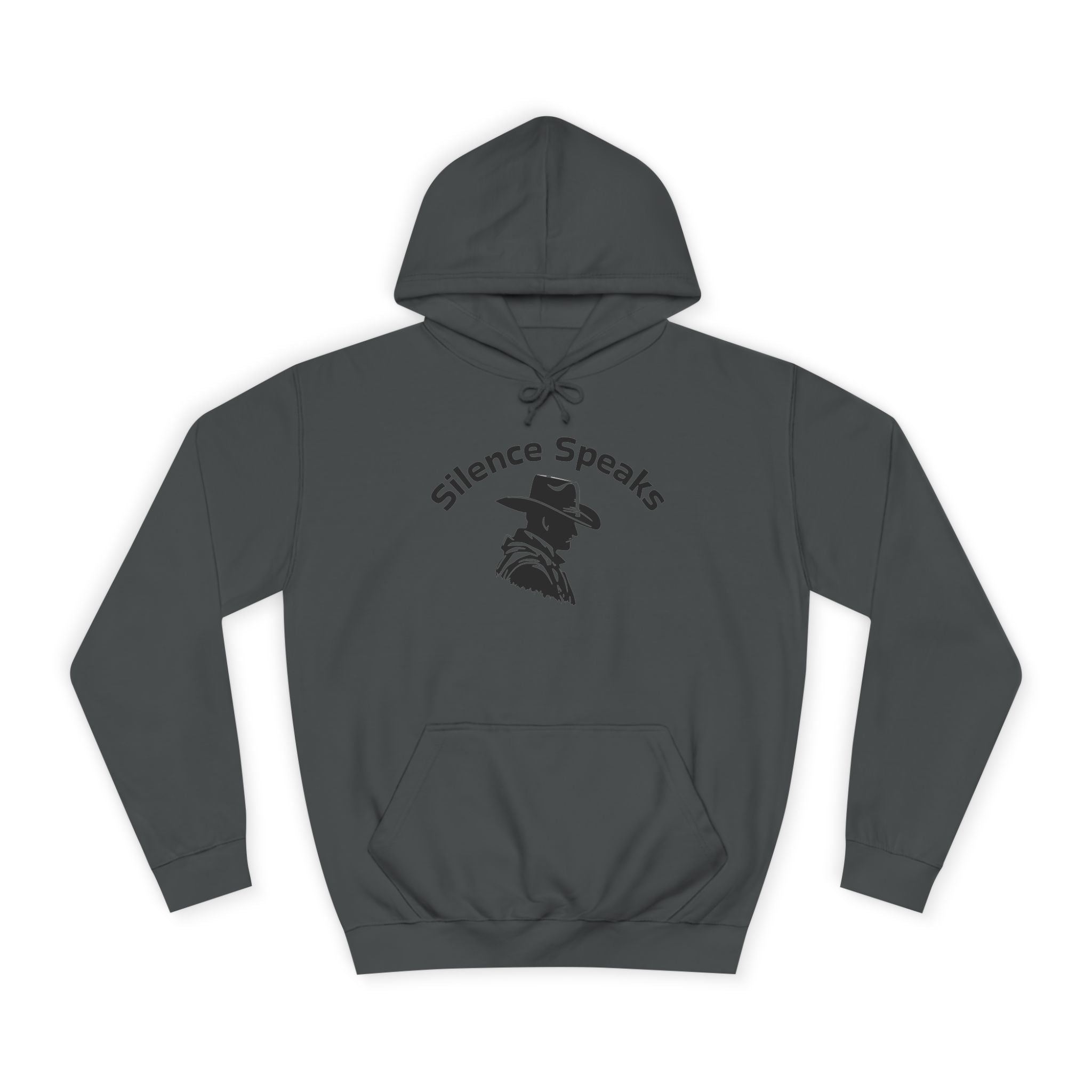 Dark gray hoodie with 'Silence Speaks' graphic on a white background