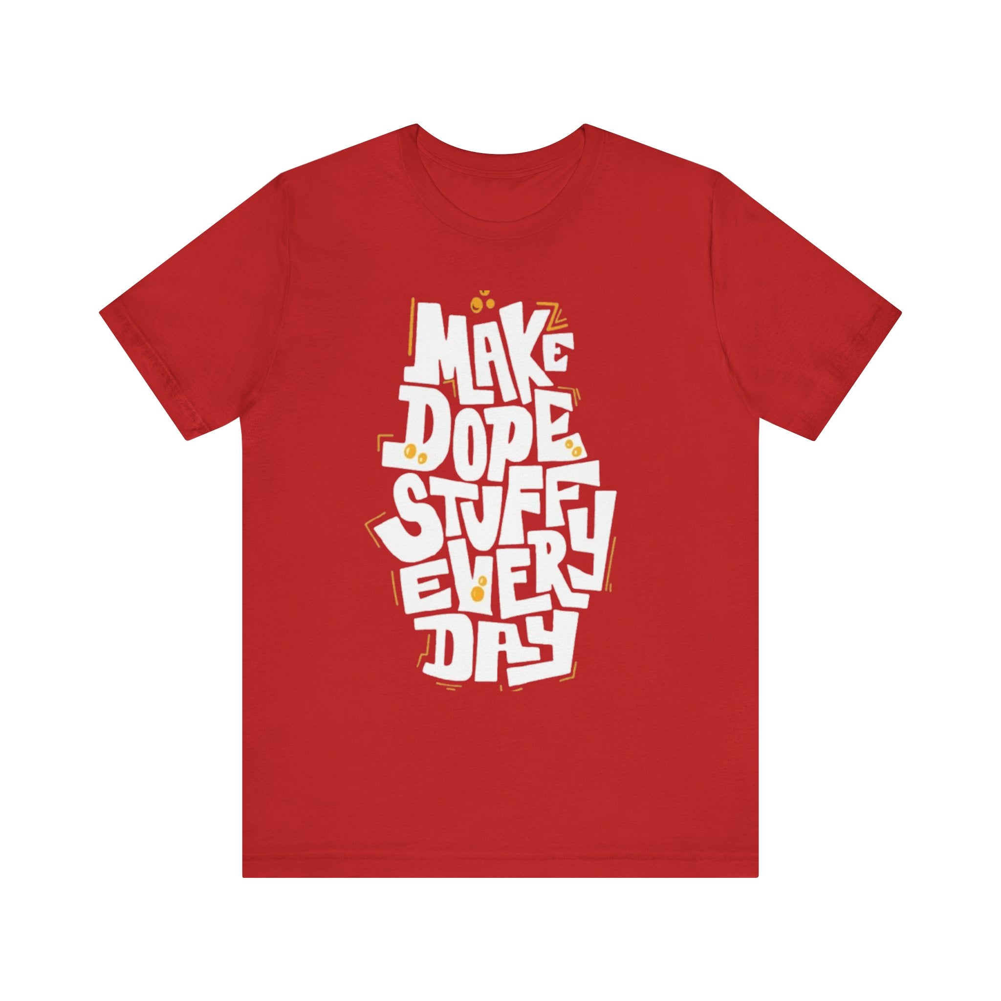 Red t-shirt with white and yellow text on a white background