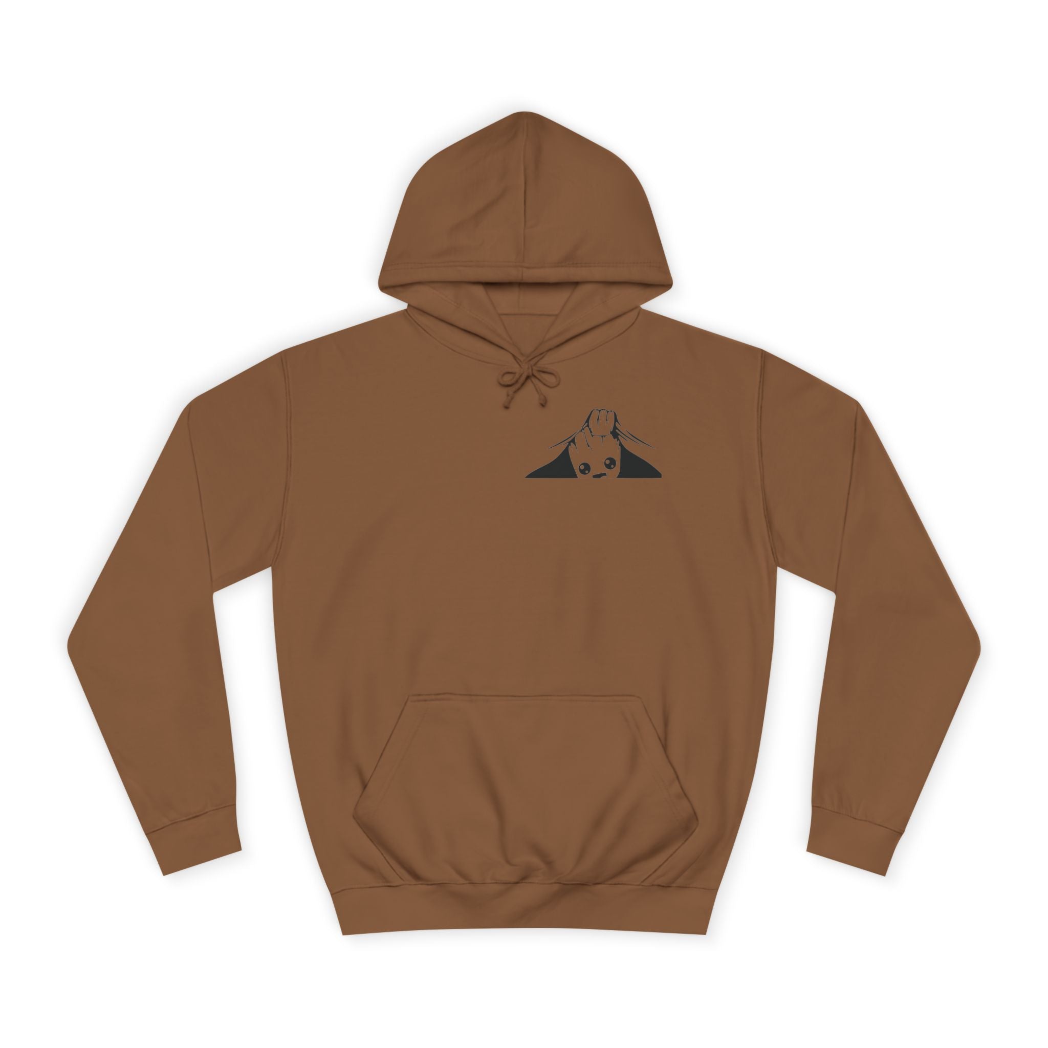 Brown hoodie with a logo on the chest against a white background
