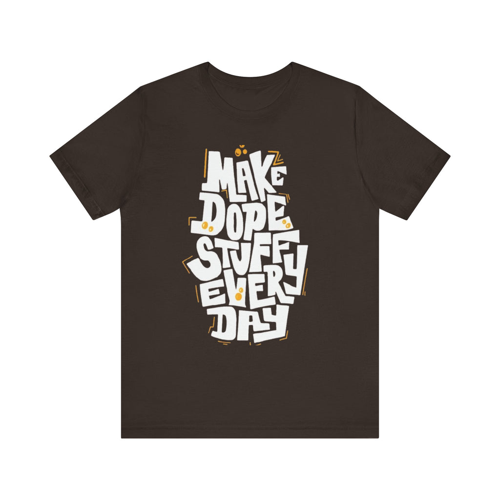 Brown t-shirt with white and yellow text on a white background