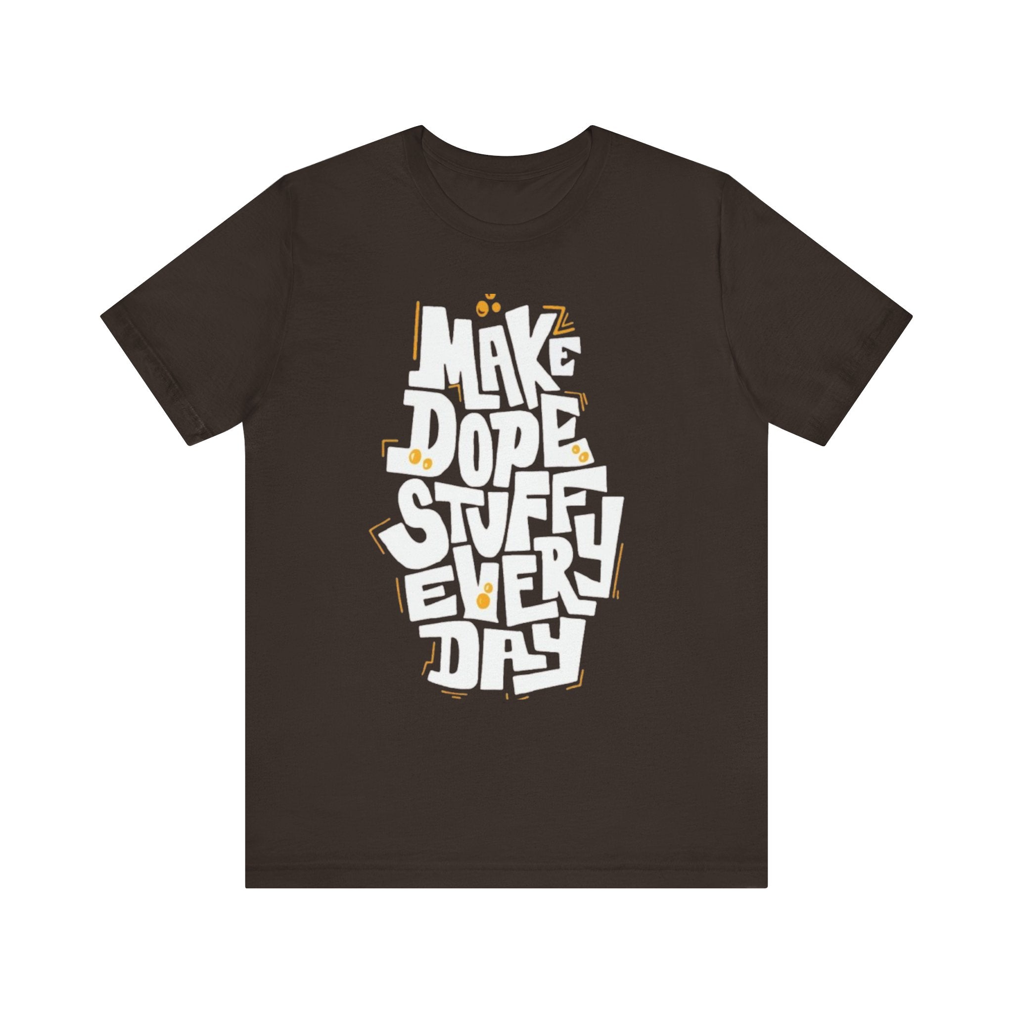 Brown t-shirt with white and yellow text on a white background