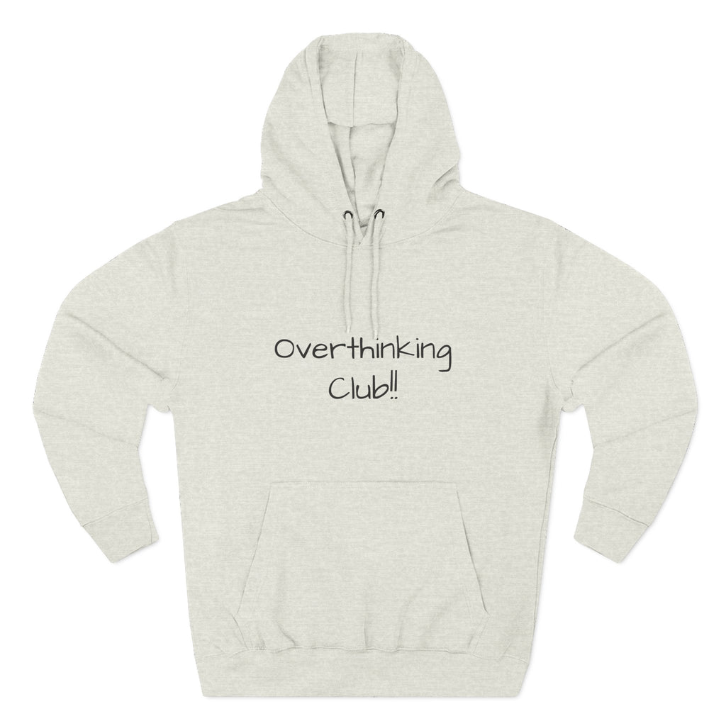 Beige hoodie with 'Overthinking Club!!' text on a white background