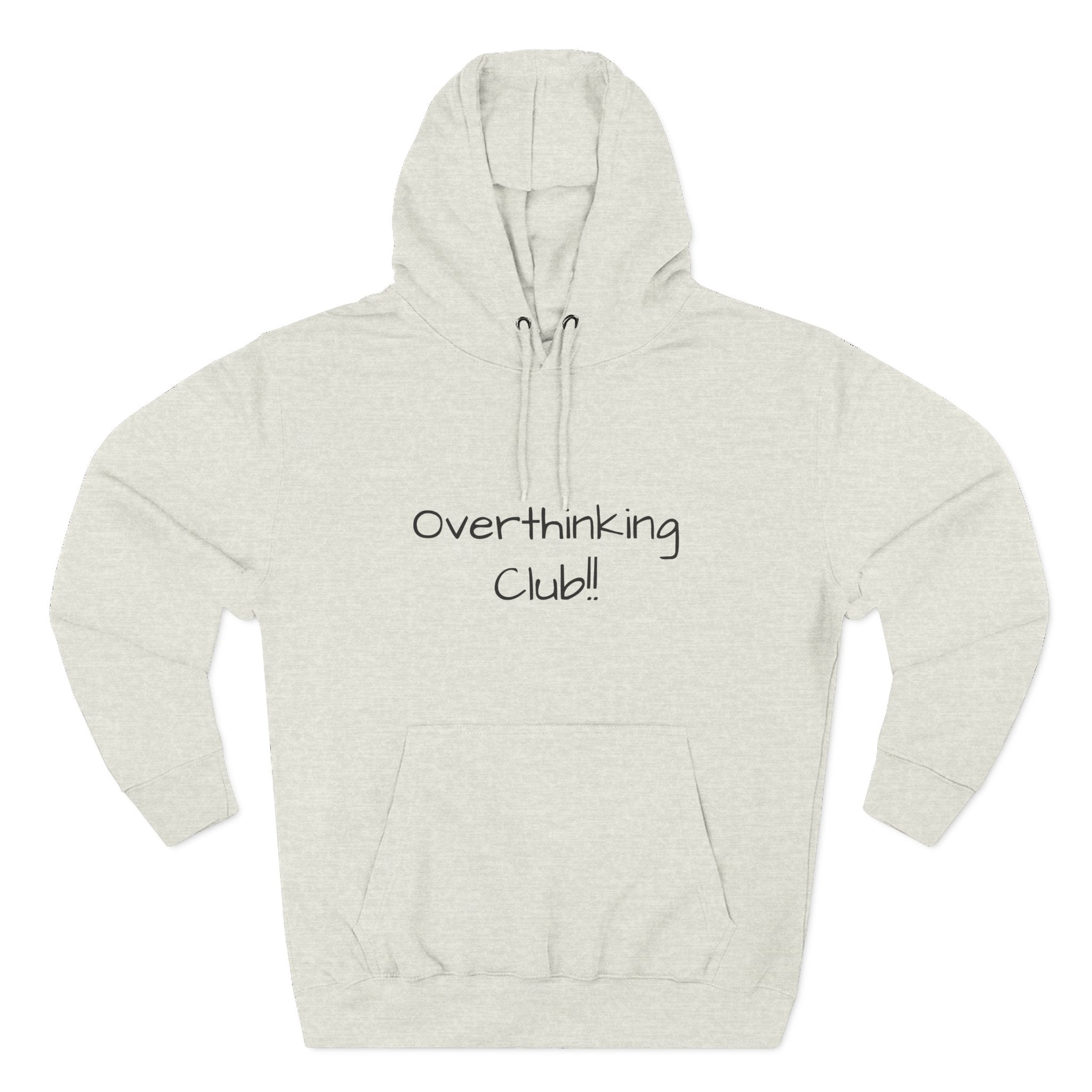 Beige hoodie with 'Overthinking Club!!' text on a white background