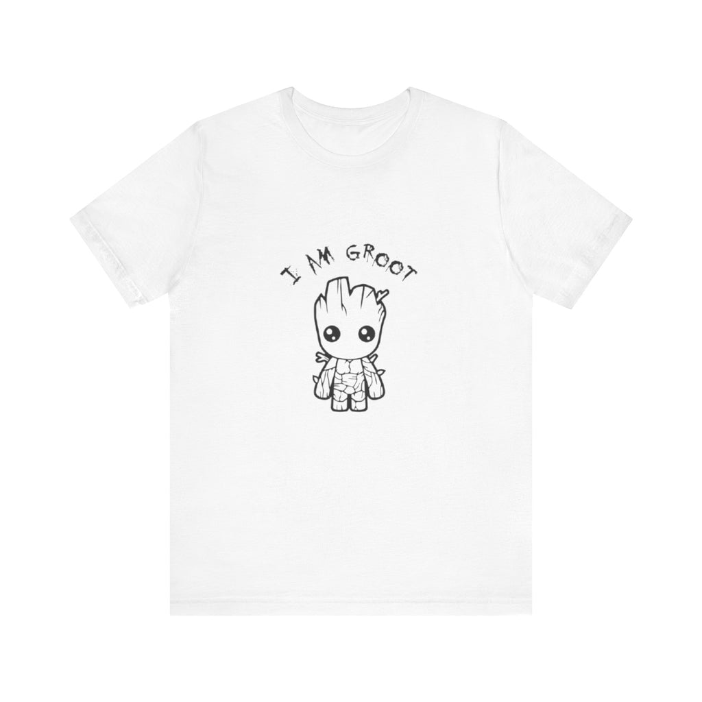 White t-shirt with 'I AM GROOT' graphic on a white background
