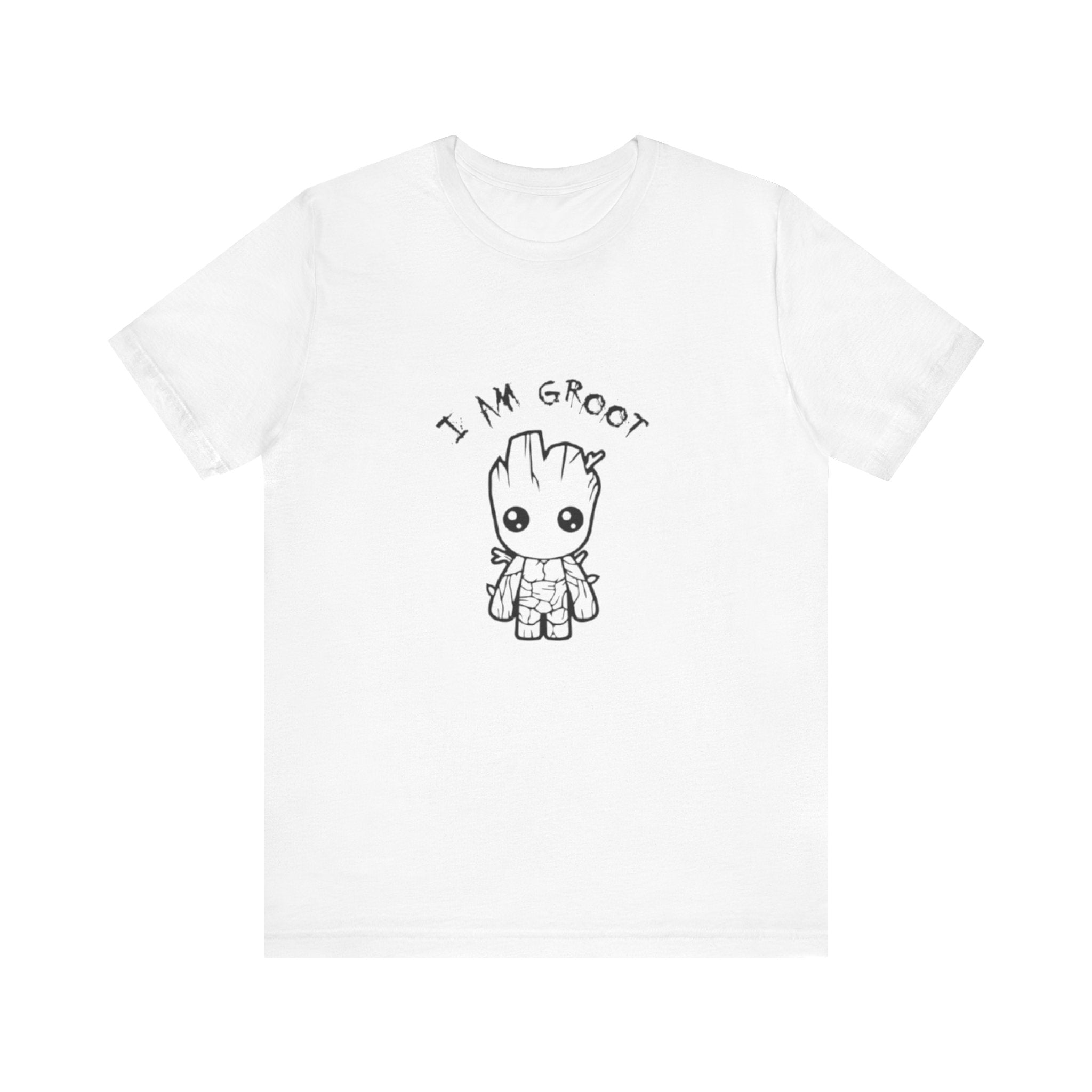 White t-shirt with 'I AM GROOT' graphic on a white background