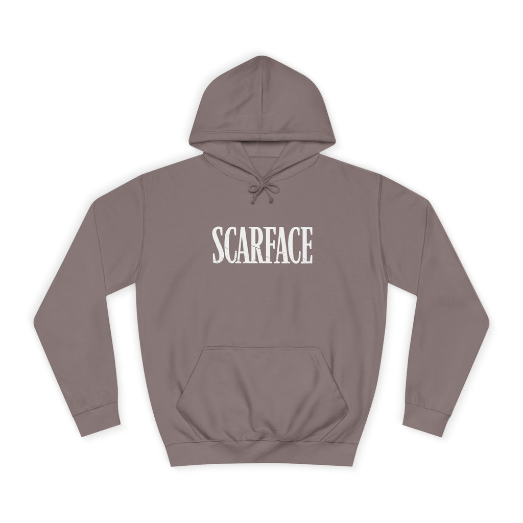 Brown hoodie with 'SCARFACE' text on a white background