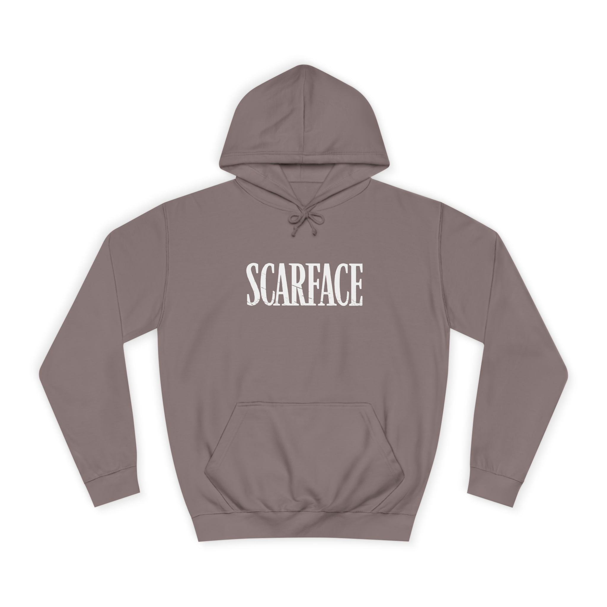 Brown hoodie with 'SCARFACE' text on a white background