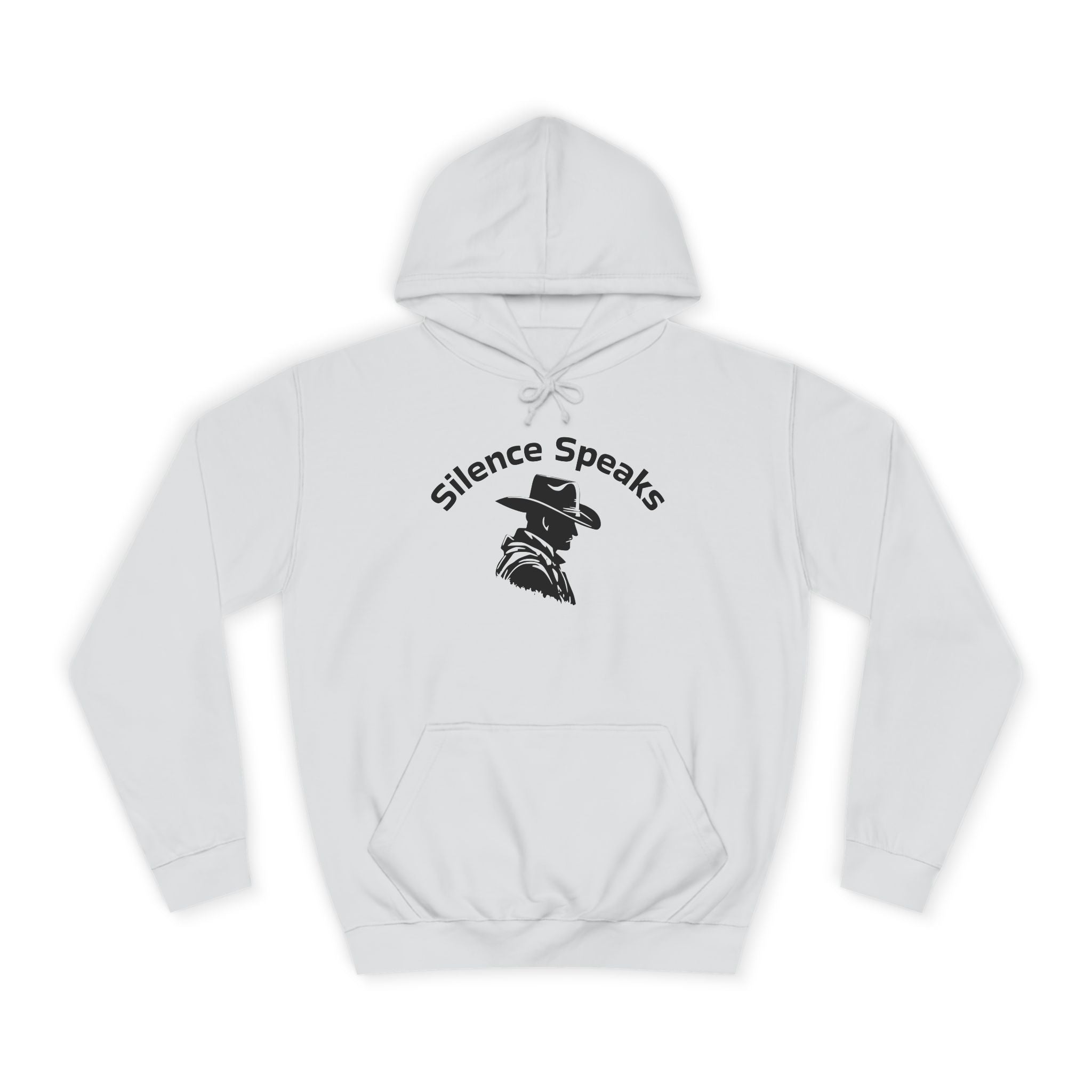 White hoodie with 'Silence Speaks' text and graphic on a white background
