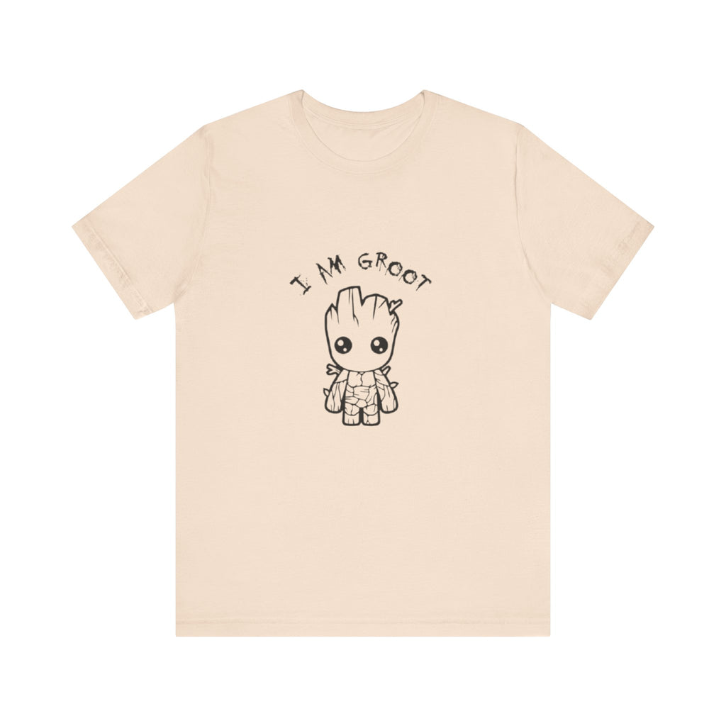 Beige t-shirt with 'I AM GROOT' text and cartoon character on a white background