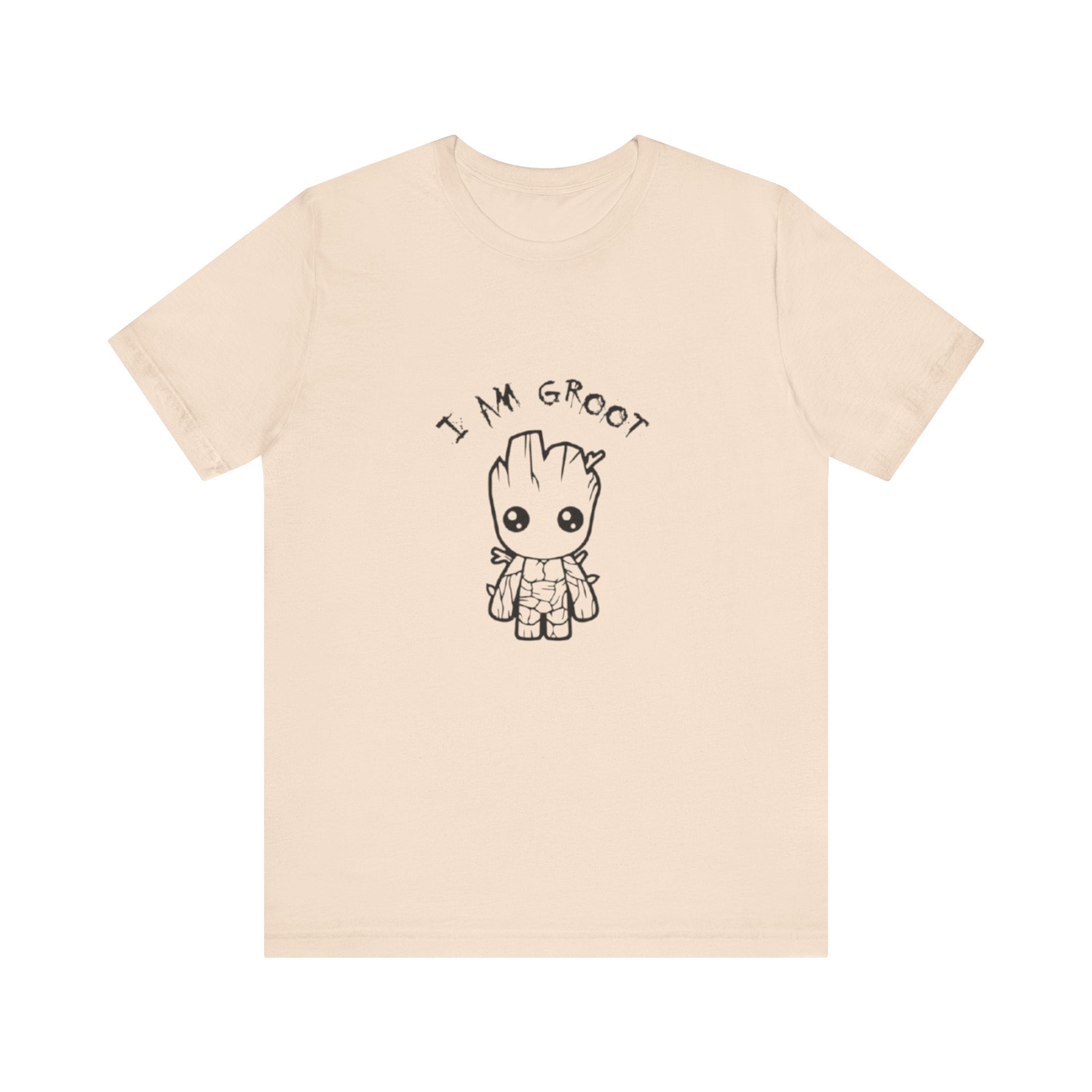 Beige t-shirt with 'I AM GROOT' text and cartoon character on a white background