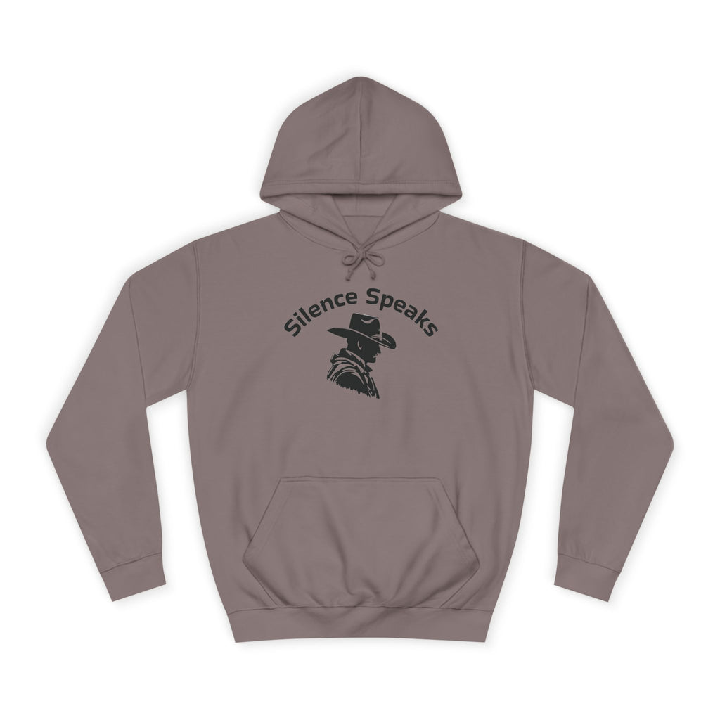 Brown hoodie with 'Silence Speaks' text and graphic on a white background