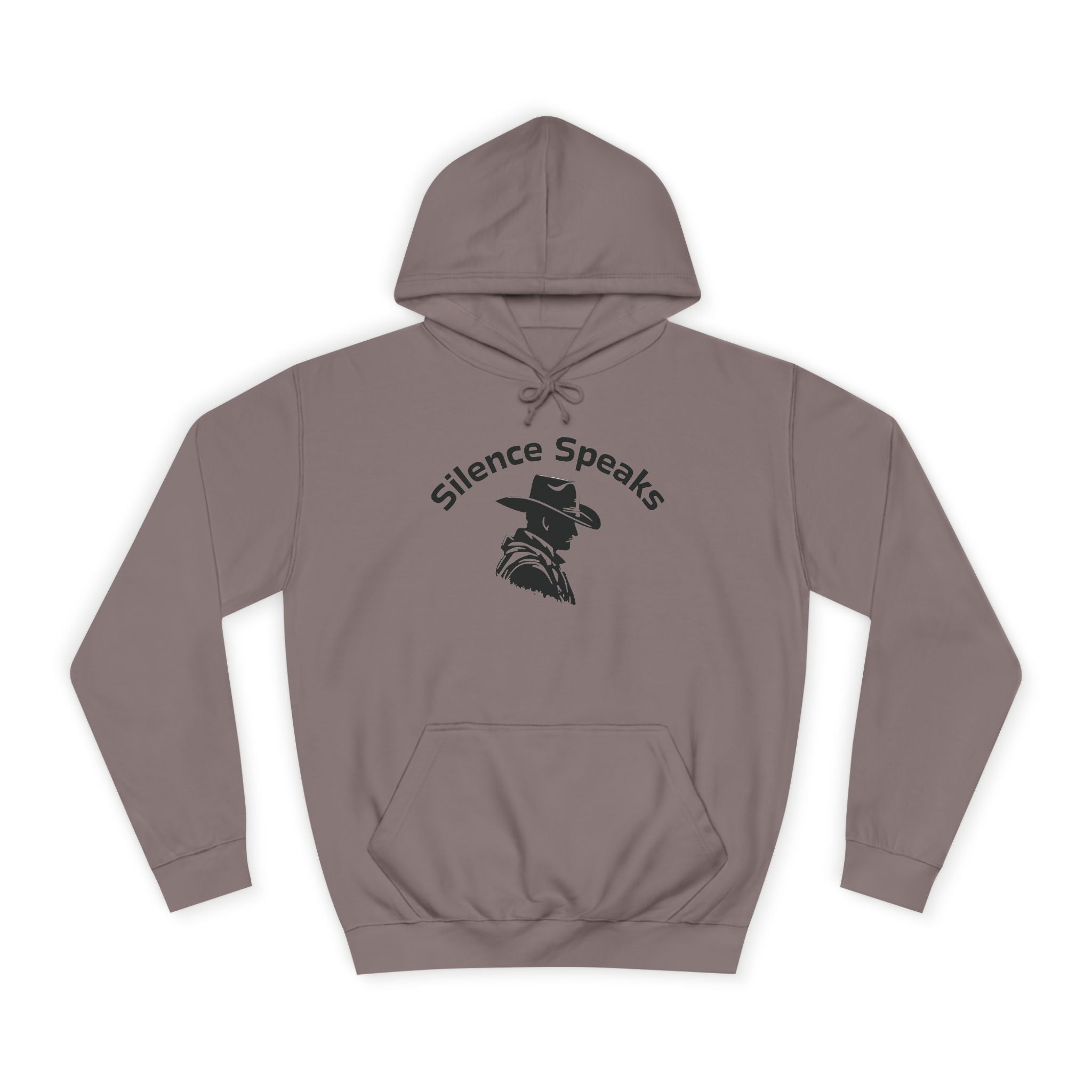 Brown hoodie with 'Silence Speaks' text and graphic on a white background