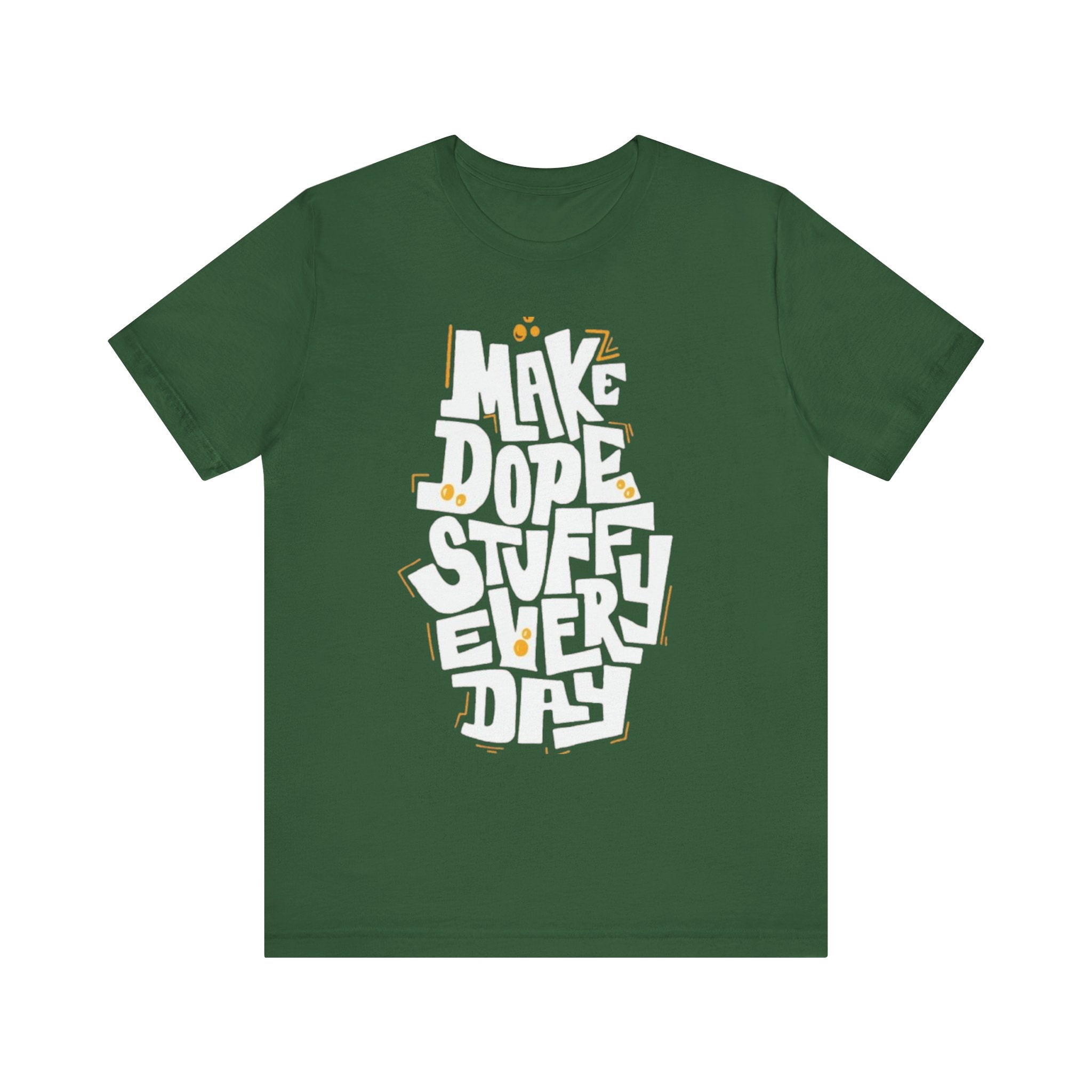 Green t-shirt with white and yellow text on a white background