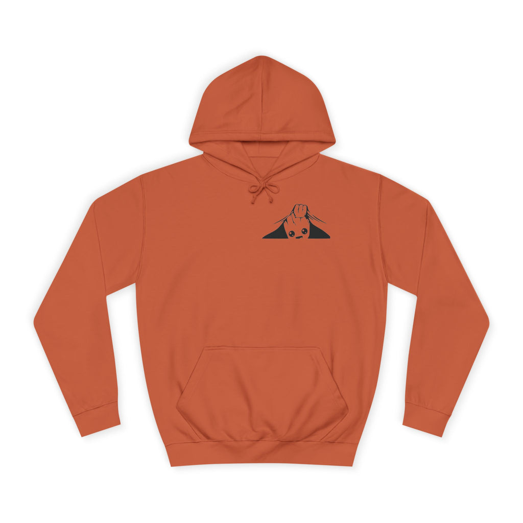 Orange hoodie with a black logo on a white background