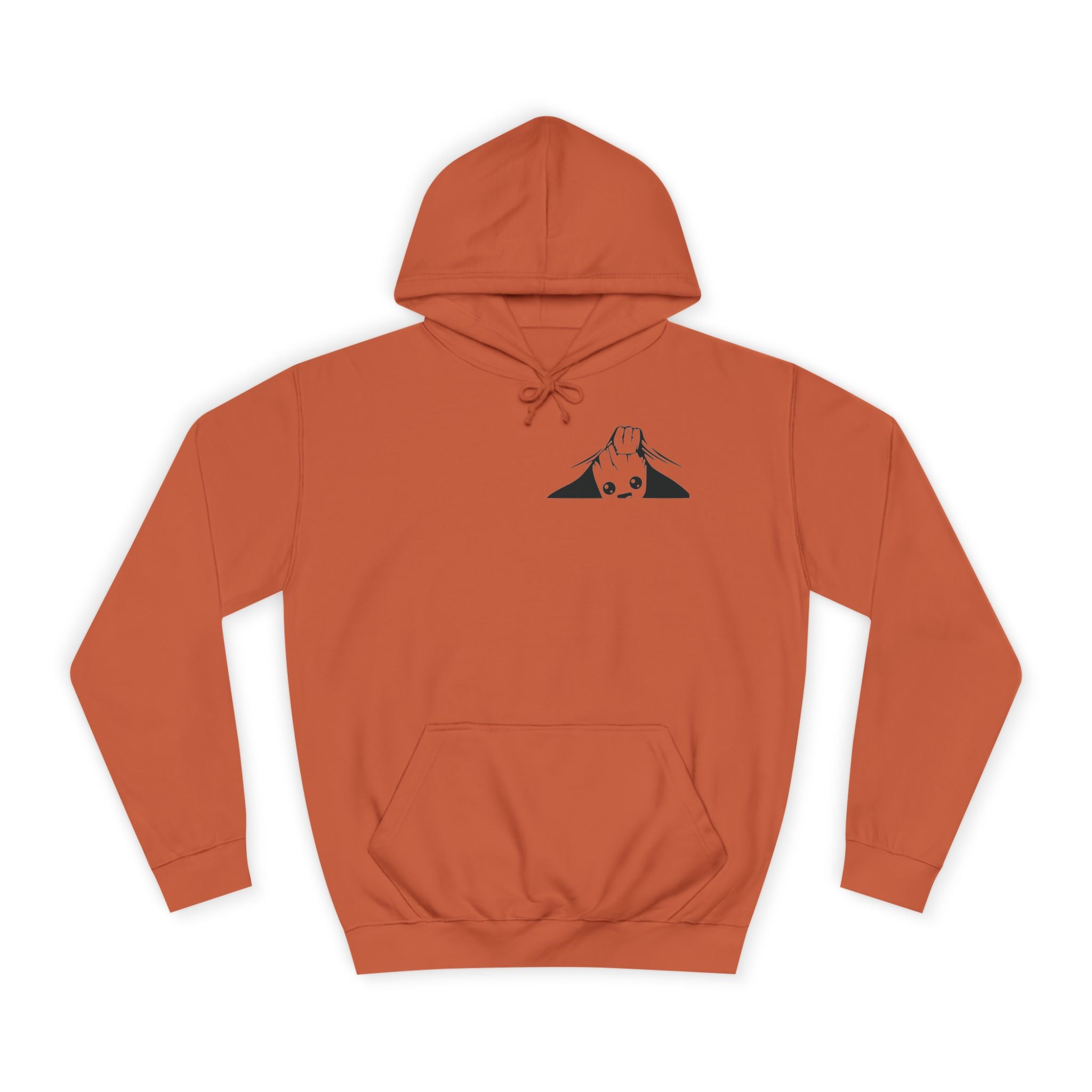 Orange hoodie with a black logo on a white background