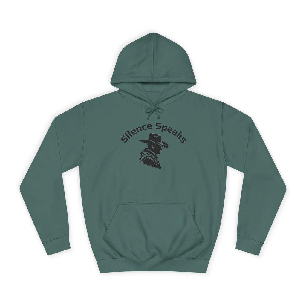 Green hoodie with 'Silence Speaks' text and graphic on a white background