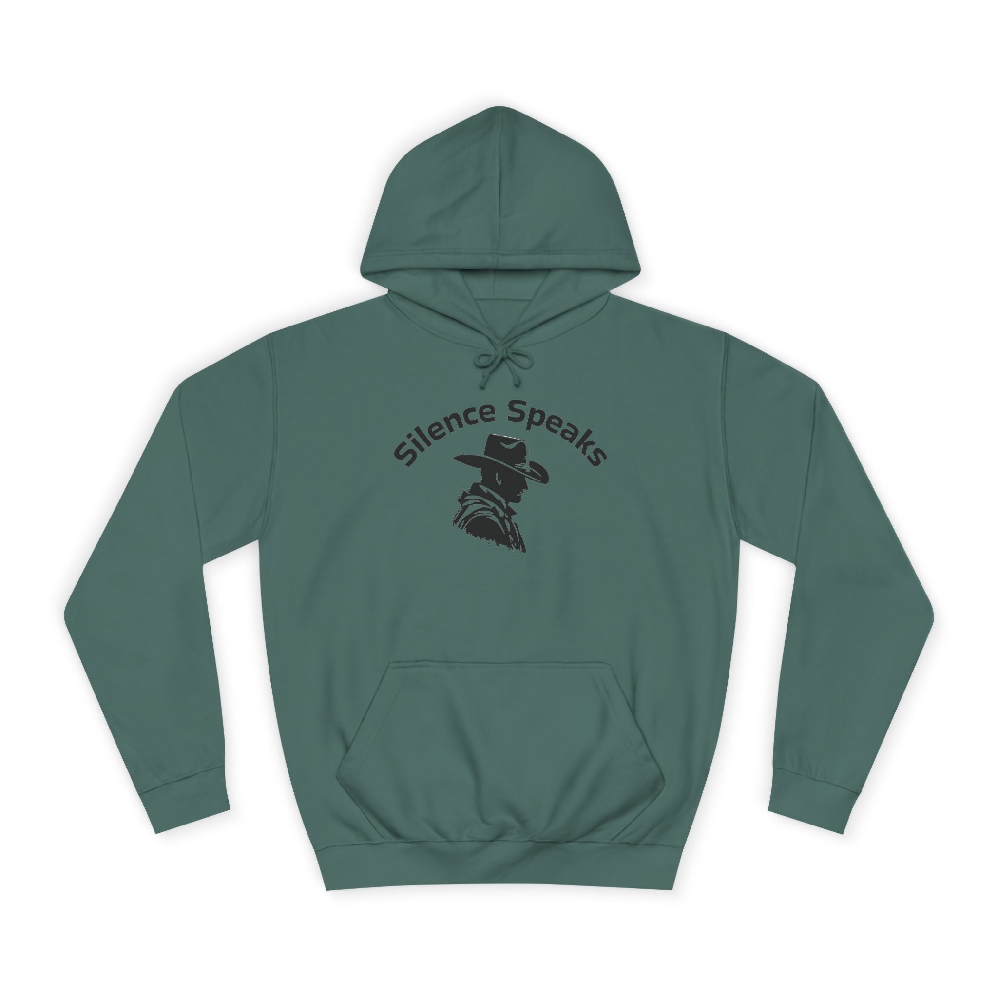 Green hoodie with 'Silence Speaks' text and graphic on a white background