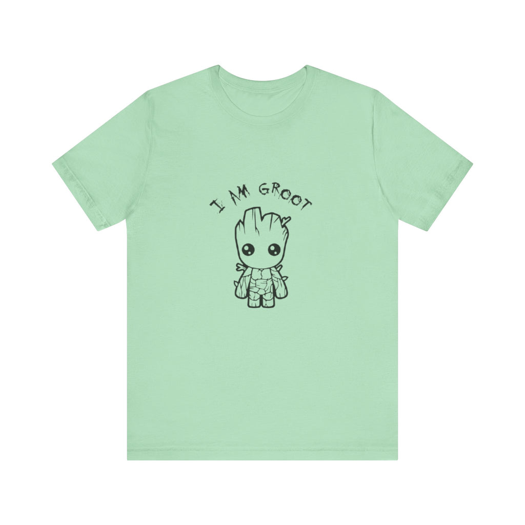 Light green t-shirt with 'I AM GROOT' text and cartoon character on a white background