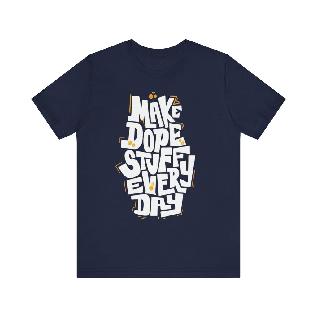 Navy blue t-shirt with white and yellow text on a white background
