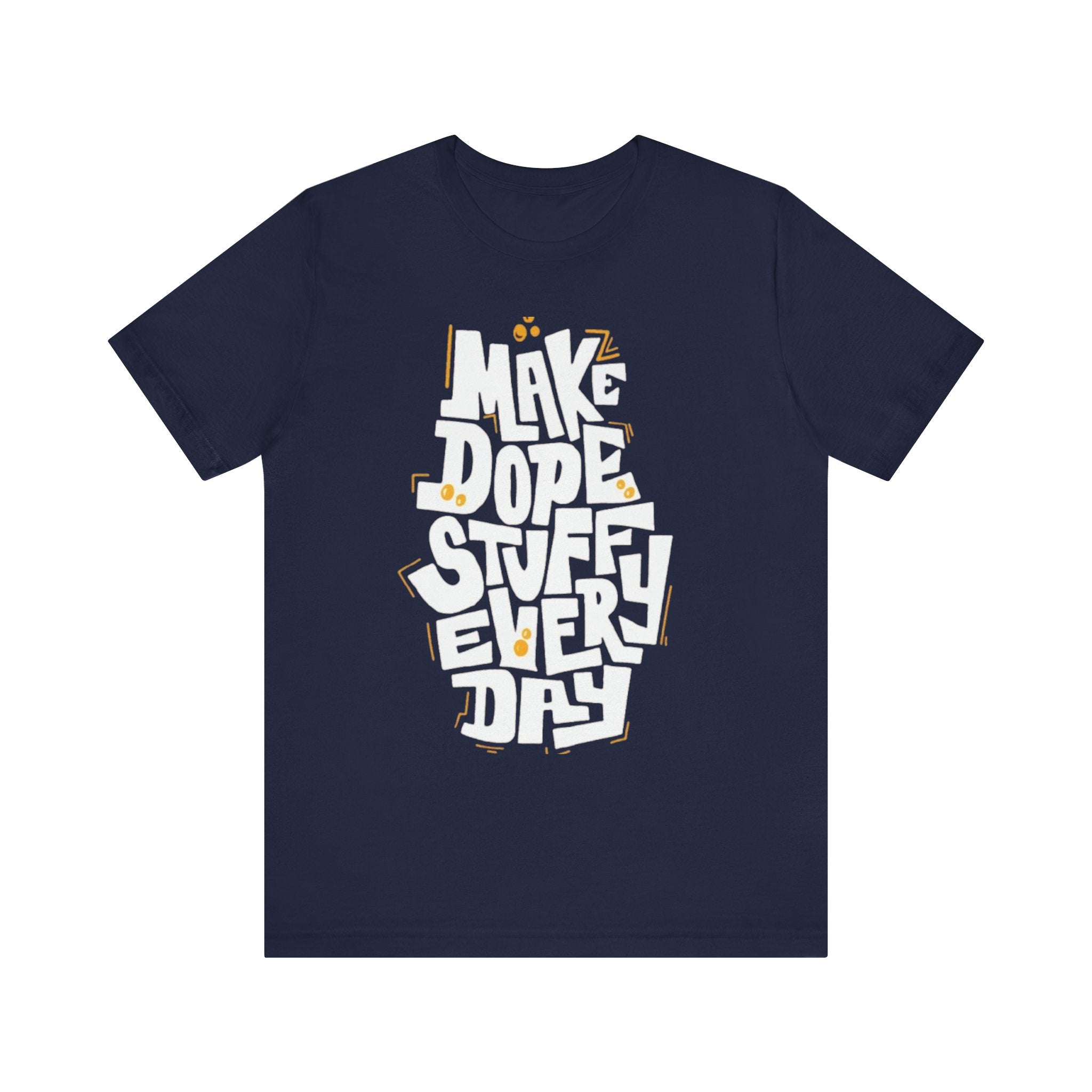 Navy blue t-shirt with white and yellow text on a white background
